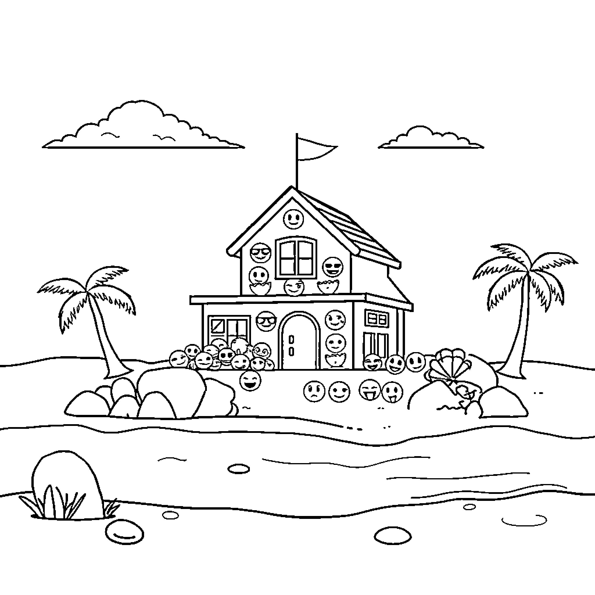 House on Tropical Island with Fun Decor Coloring Page (free black-and-white line drawing printable PDF for all, from beginners to advanced learners, including children, teens, adults, and seniors)