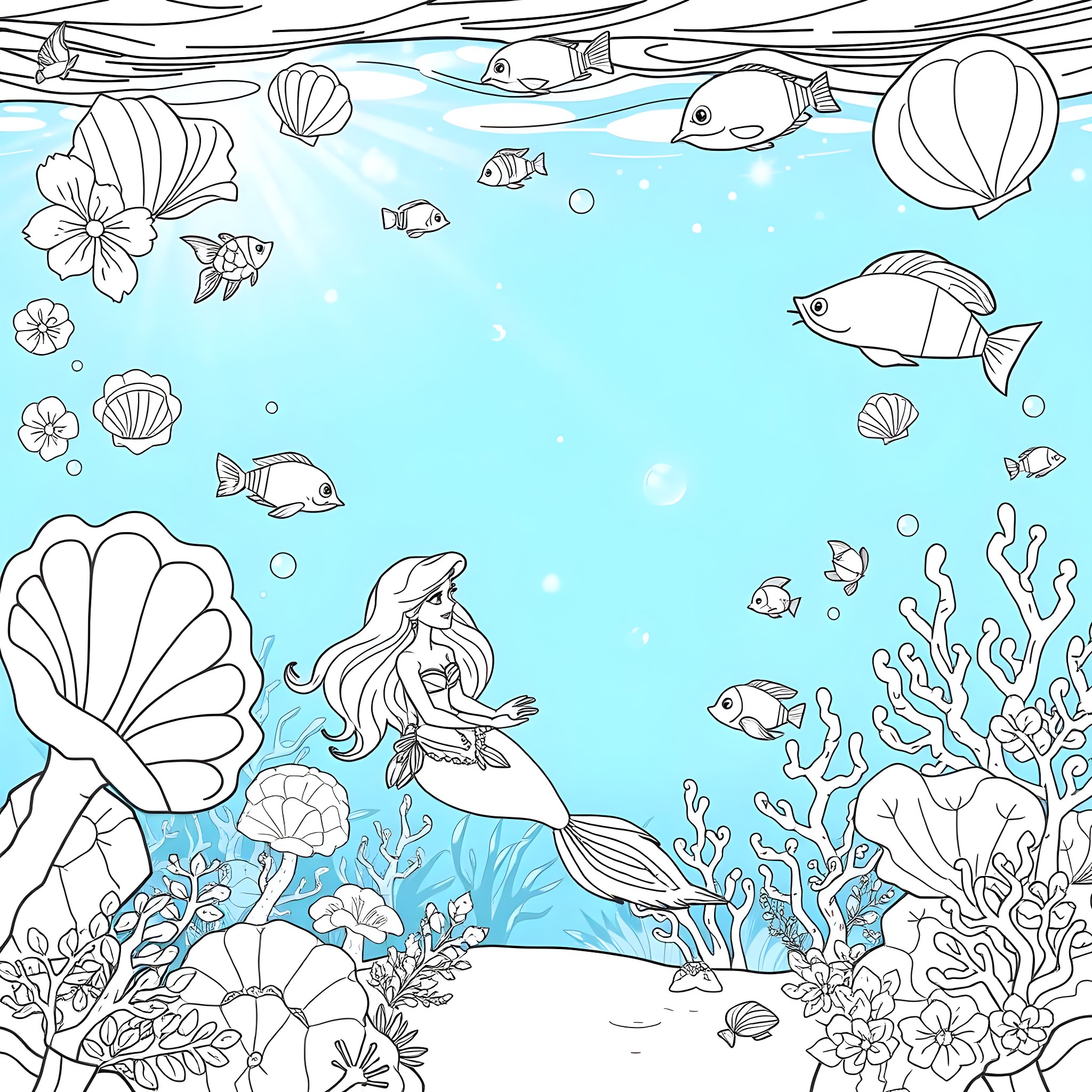 Mermaid swimming among sea creatures and plants Coloring Page (free black-and-white line drawing printable PDF for all, from beginners to advanced learners, including children, teens, adults, and seniors)