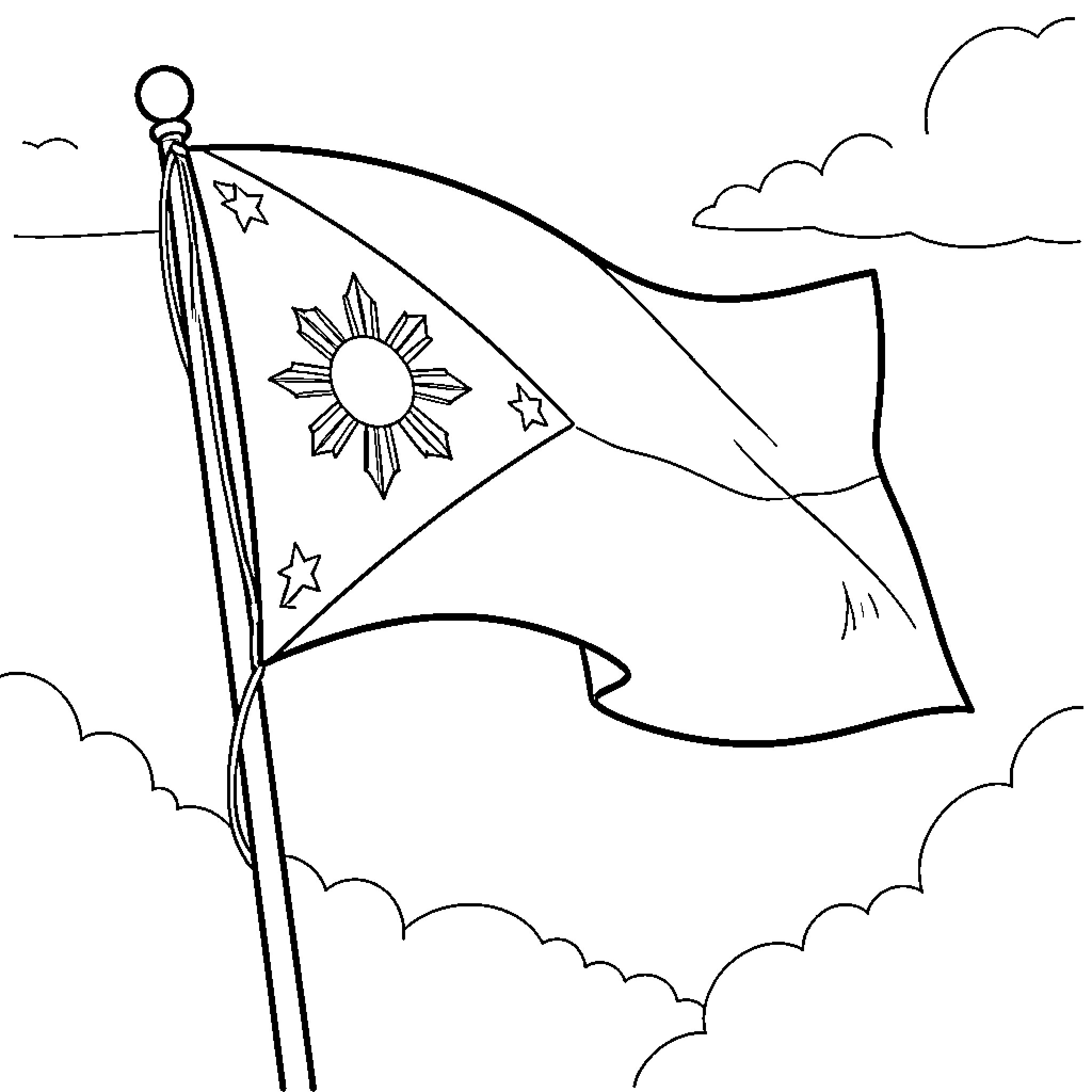 Philippine Flag waving in the sky Coloring Page (free black-and-white line drawing printable PDF for all, from beginners to advanced learners, including children, teens, adults, and seniors)