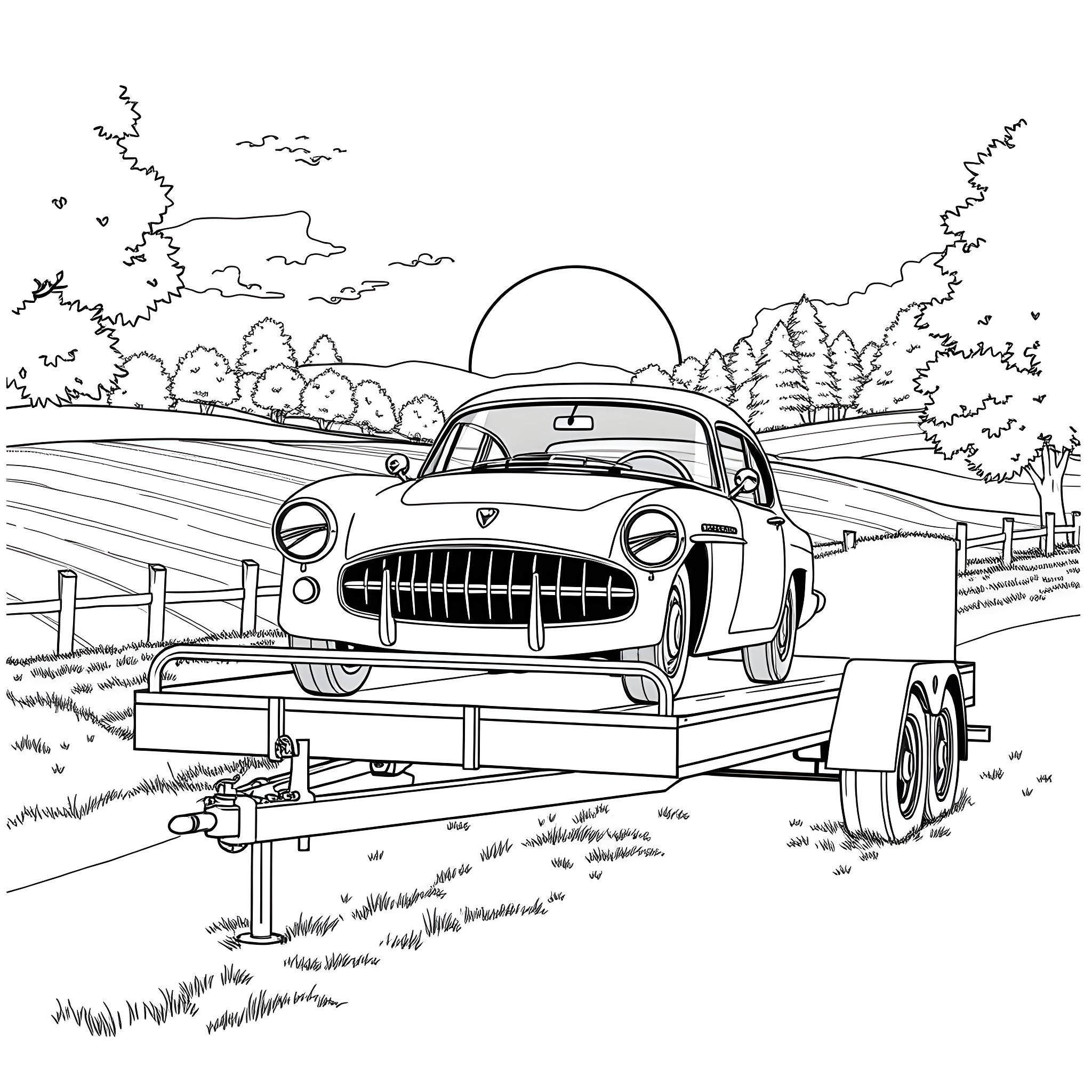 Car being towed on a trailer through a scenic countryside Coloring Page (free black-and-white line drawing printable PDF for all, from beginners to advanced learners, including children, teens, adults, and seniors)