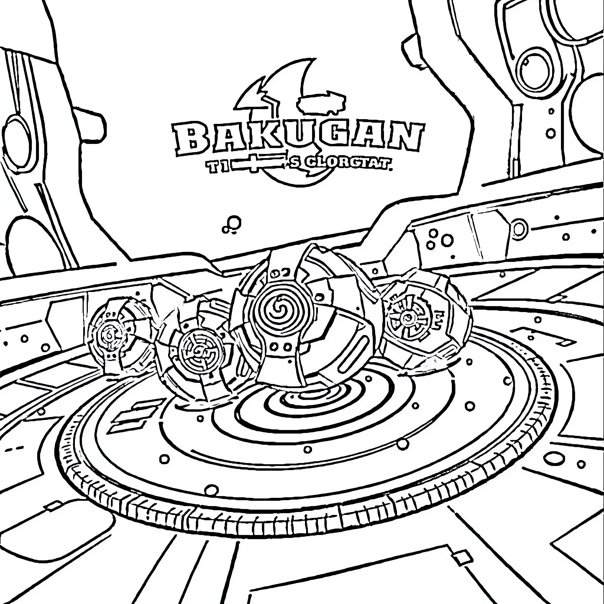 Bakugan battle arena with mechanical devices Coloring Page (free black-and-white line drawing printable PDF for all, from beginners to advanced learners, including children, teens, adults, and seniors)