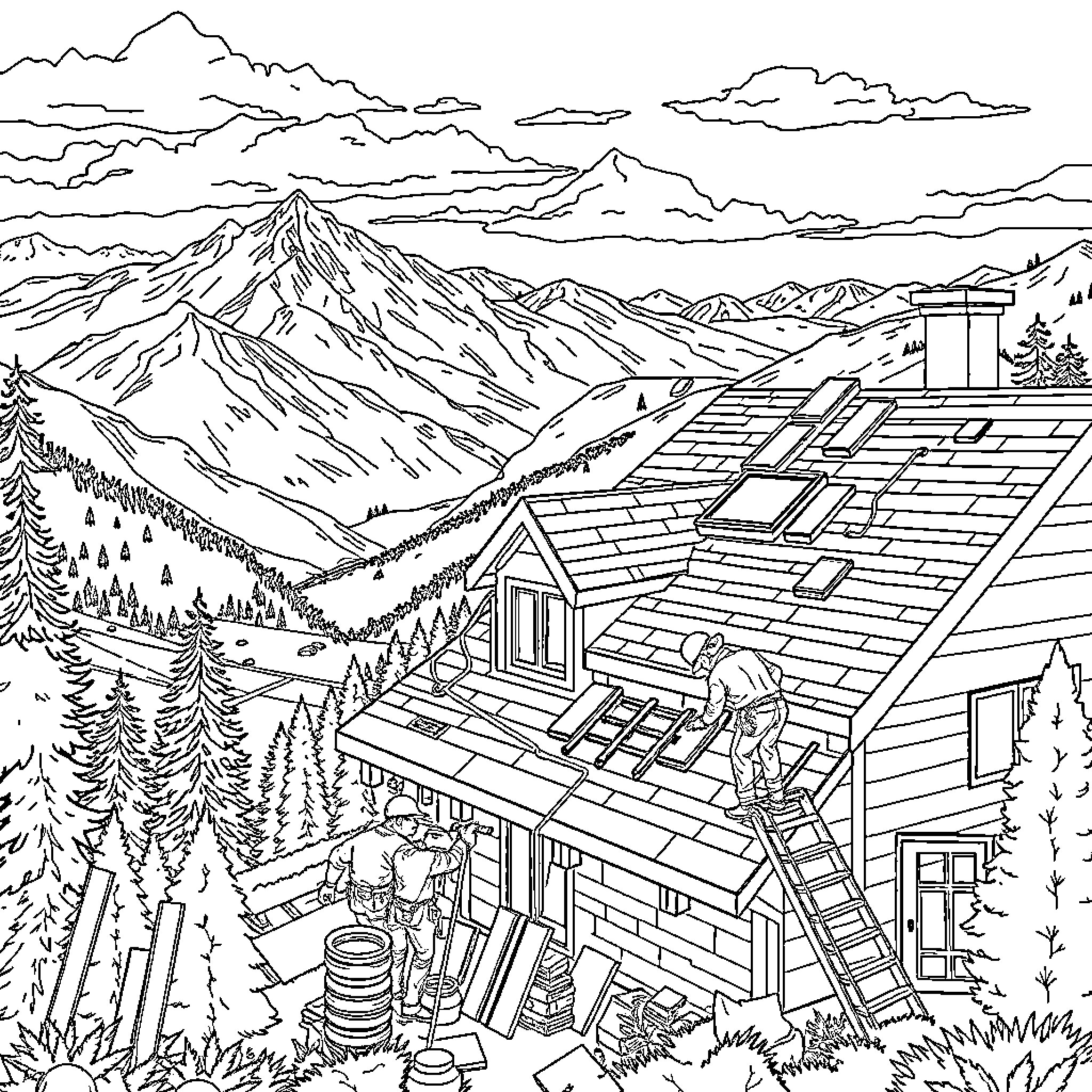 Roofing work in a mountainous landscape Coloring Page (free black-and-white line drawing printable PDF for all, from beginners to advanced learners, including children, teens, adults, and seniors)