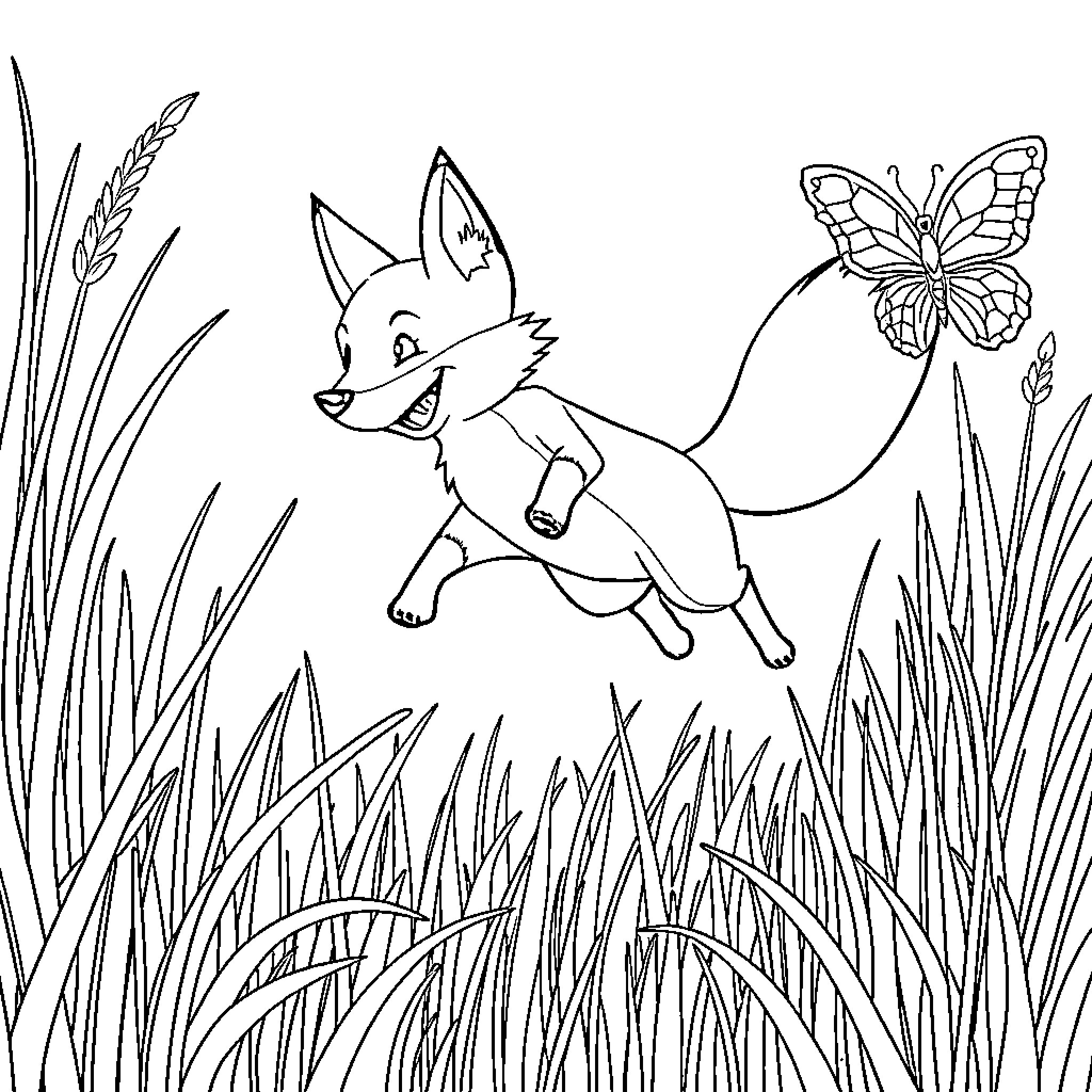 Fox frolicking playfully with butterflies in the meadow Coloring Page (free black-and-white line drawing printable PDF for all, from beginners to advanced learners, including children, teens, adults, and seniors)