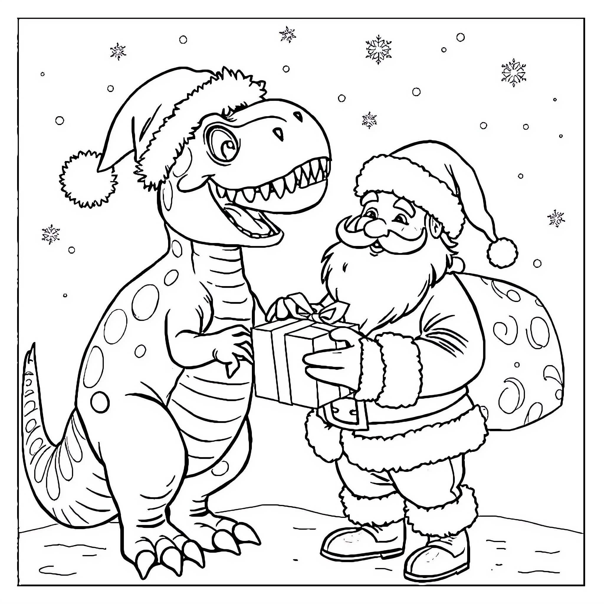 Dinosaur and Santa celebrating Christmas together Coloring Page (free black-and-white line drawing printable PDF for all, from beginners to advanced learners, including children, teens, adults, and seniors)