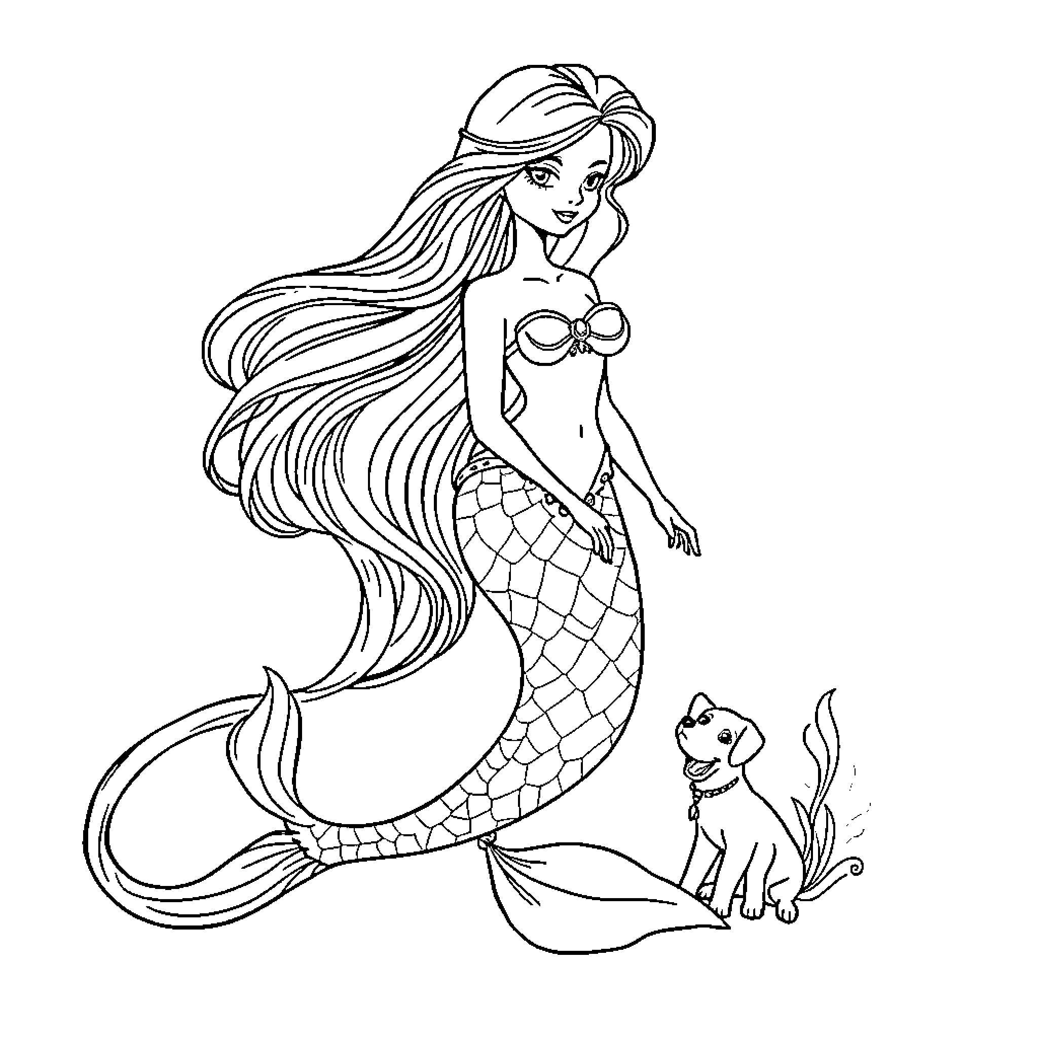 Mermaid gracefully swimming with her companion Coloring Page (free black-and-white line drawing printable PDF for all, from beginners to advanced learners, including children, teens, adults, and seniors)