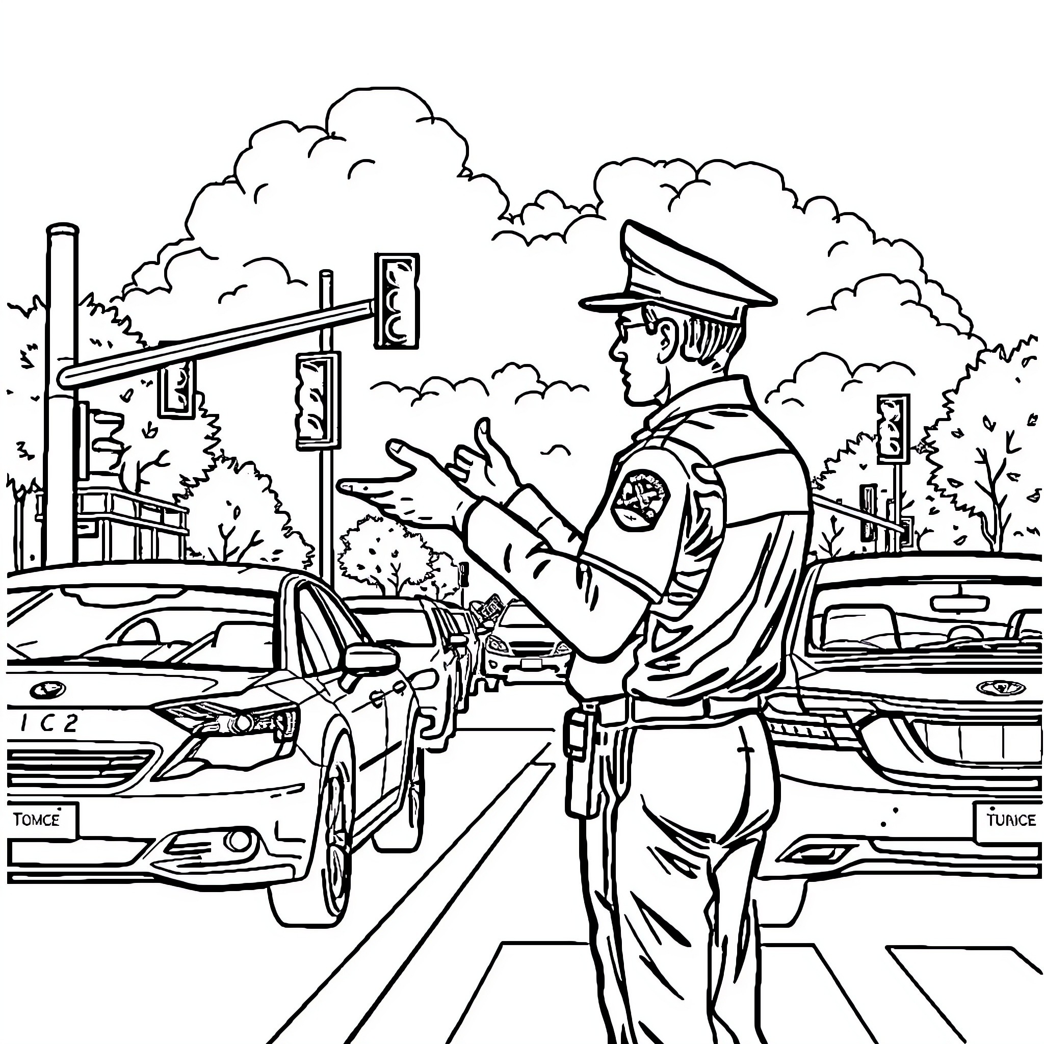 Traffic Controller Directing Traffic at a Busy Intersection Coloring Page (free black-and-white line drawing printable PDF for all, from beginners to advanced learners, including children, teens, adults, and seniors)