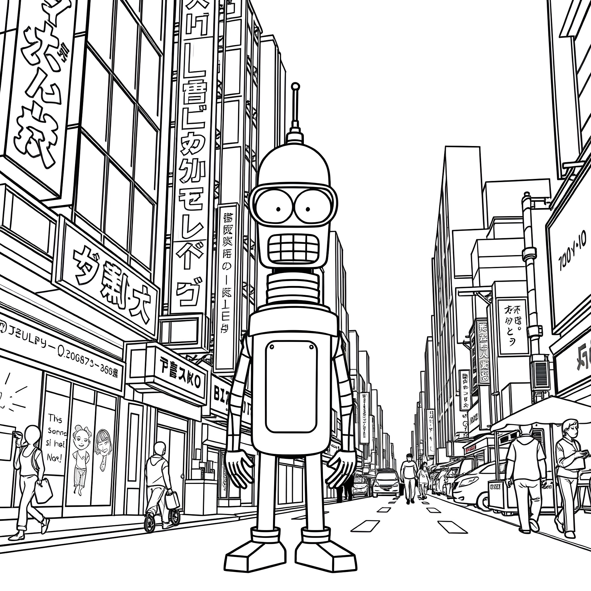 Bender exploring the vibrant cityscape Coloring Page (free black-and-white line drawing printable PDF for all, from beginners to advanced learners, including children, teens, adults, and seniors)