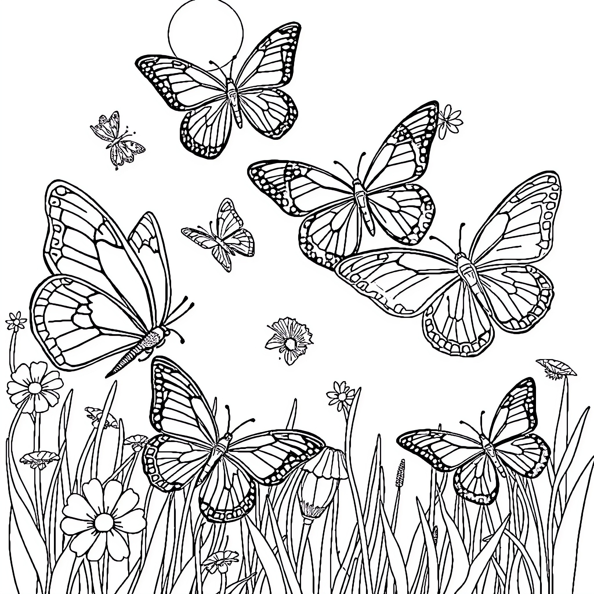 Butterfly Flock Soaring Gracefully Coloring Page (free black-and-white line drawing printable PDF for all, from beginners to advanced learners, including children, teens, adults, and seniors)