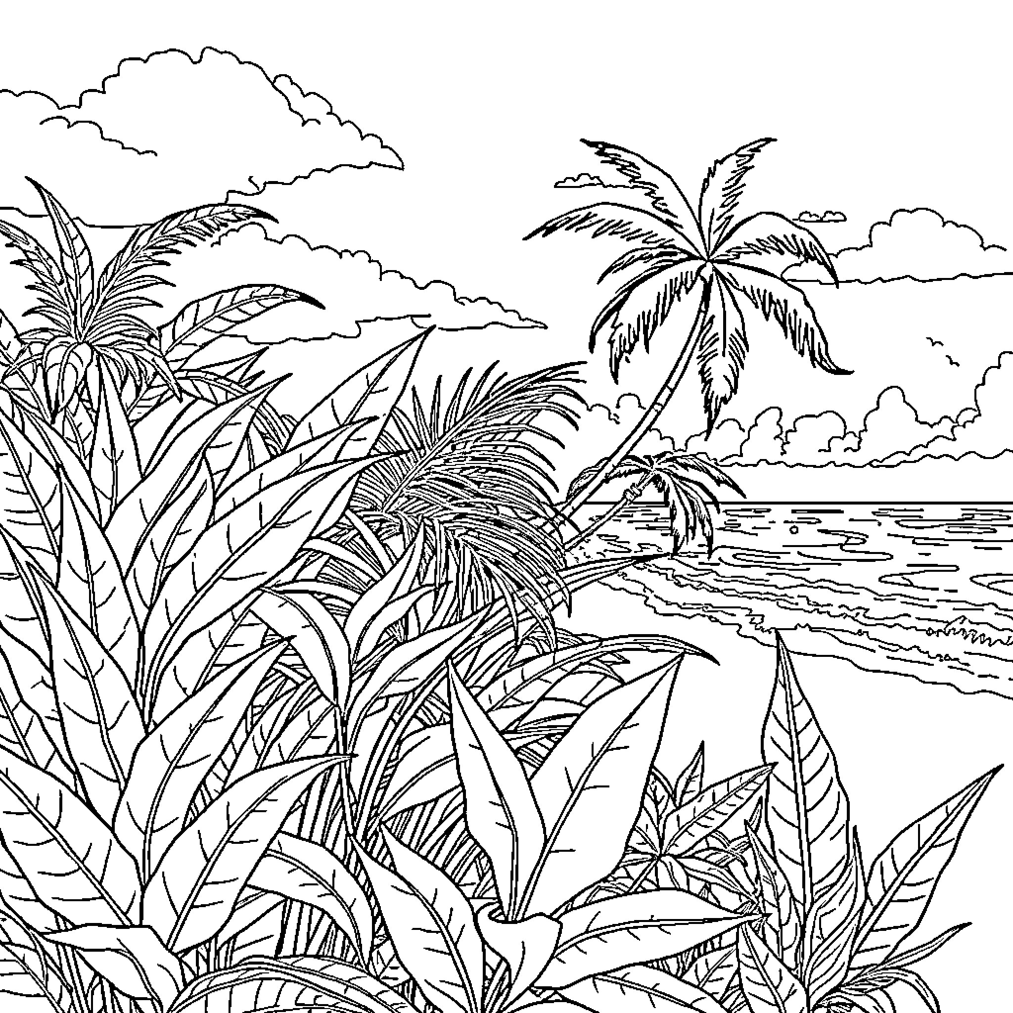 Plant life in tropical seaside landscape Coloring Page (free black-and-white line drawing printable PDF for all, from beginners to advanced learners, including children, teens, adults, and seniors)