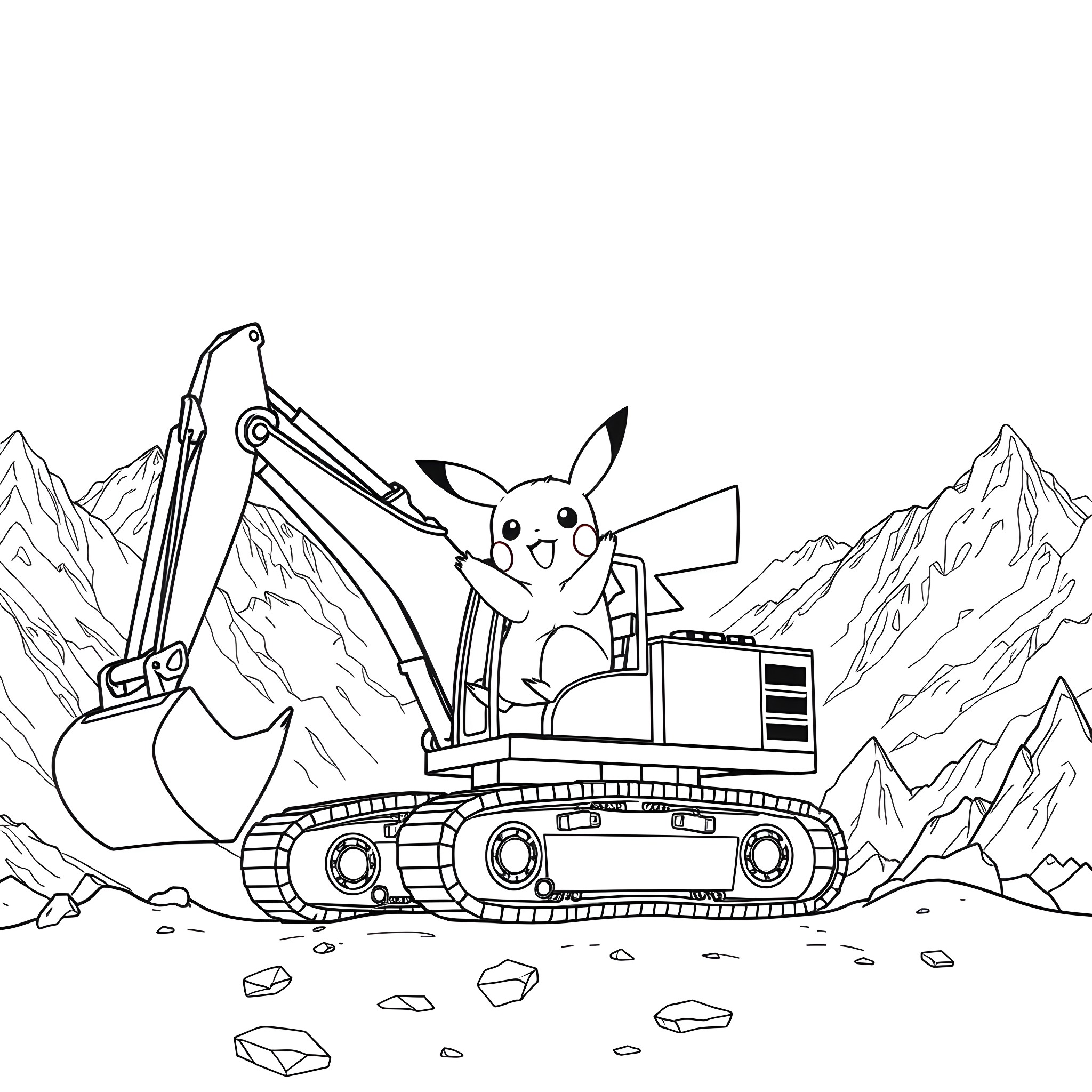 Pikachu operating an excavator in the mountains Coloring Page (free black-and-white line drawing printable PDF for all, from beginners to advanced learners, including children, teens, adults, and seniors)