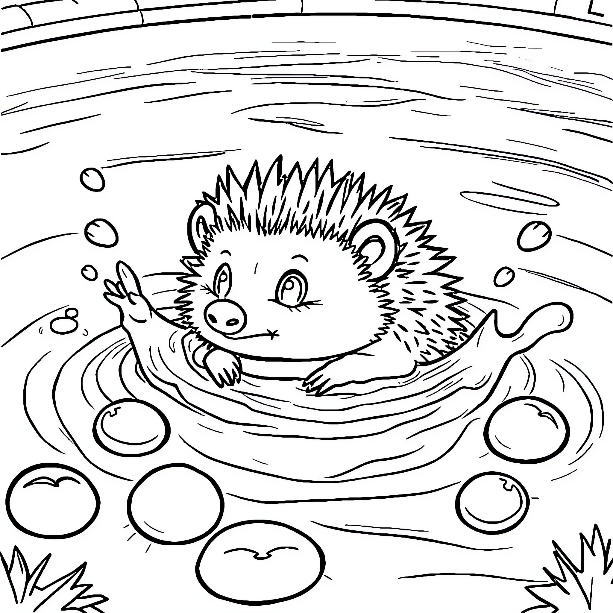 Hedgehog playing happily in a pool Coloring Page (free black-and-white line drawing printable PDF for all, from beginners to advanced learners, including children, teens, adults, and seniors)