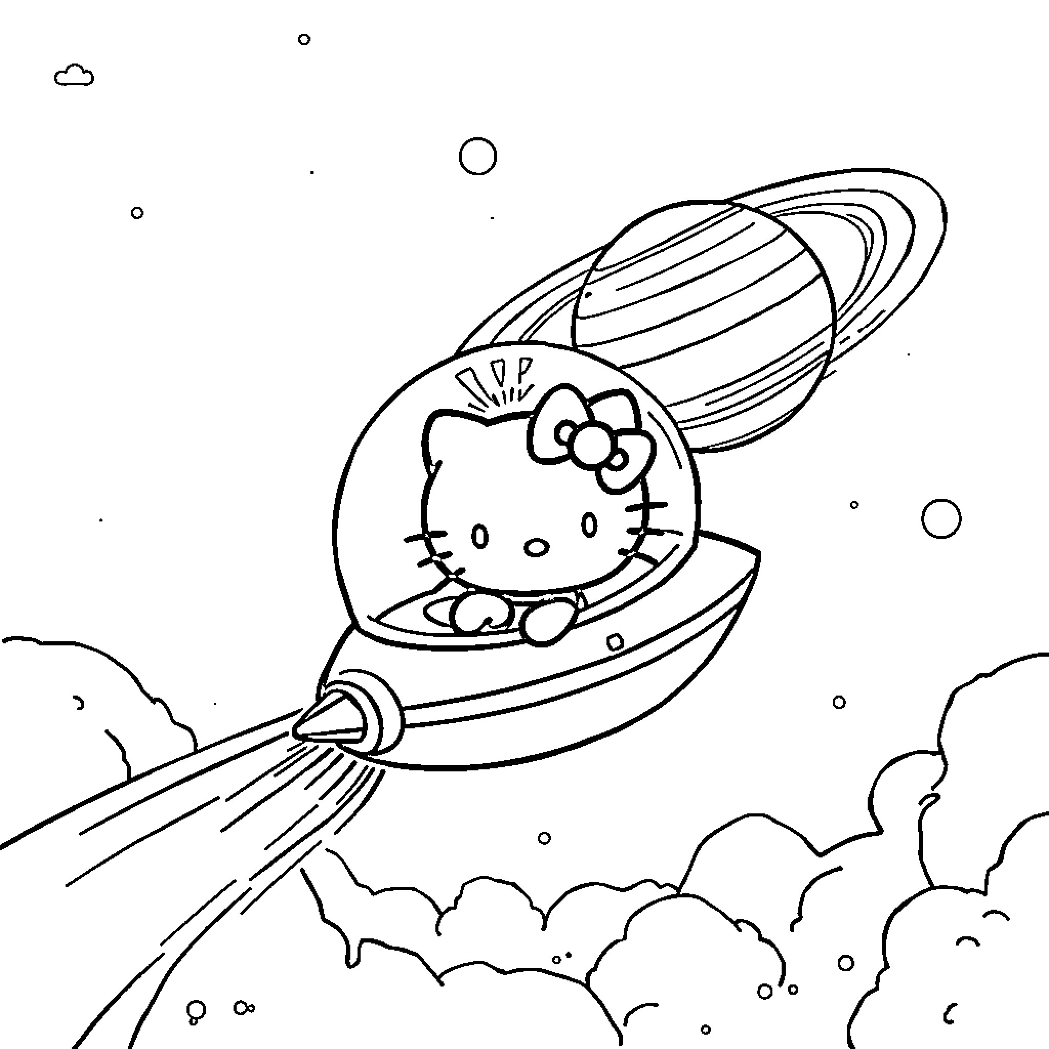 Hello Kitty's space adventure in a rocket ship Coloring Page (free black-and-white line drawing printable PDF for all, from beginners to advanced learners, including children, teens, adults, and seniors)