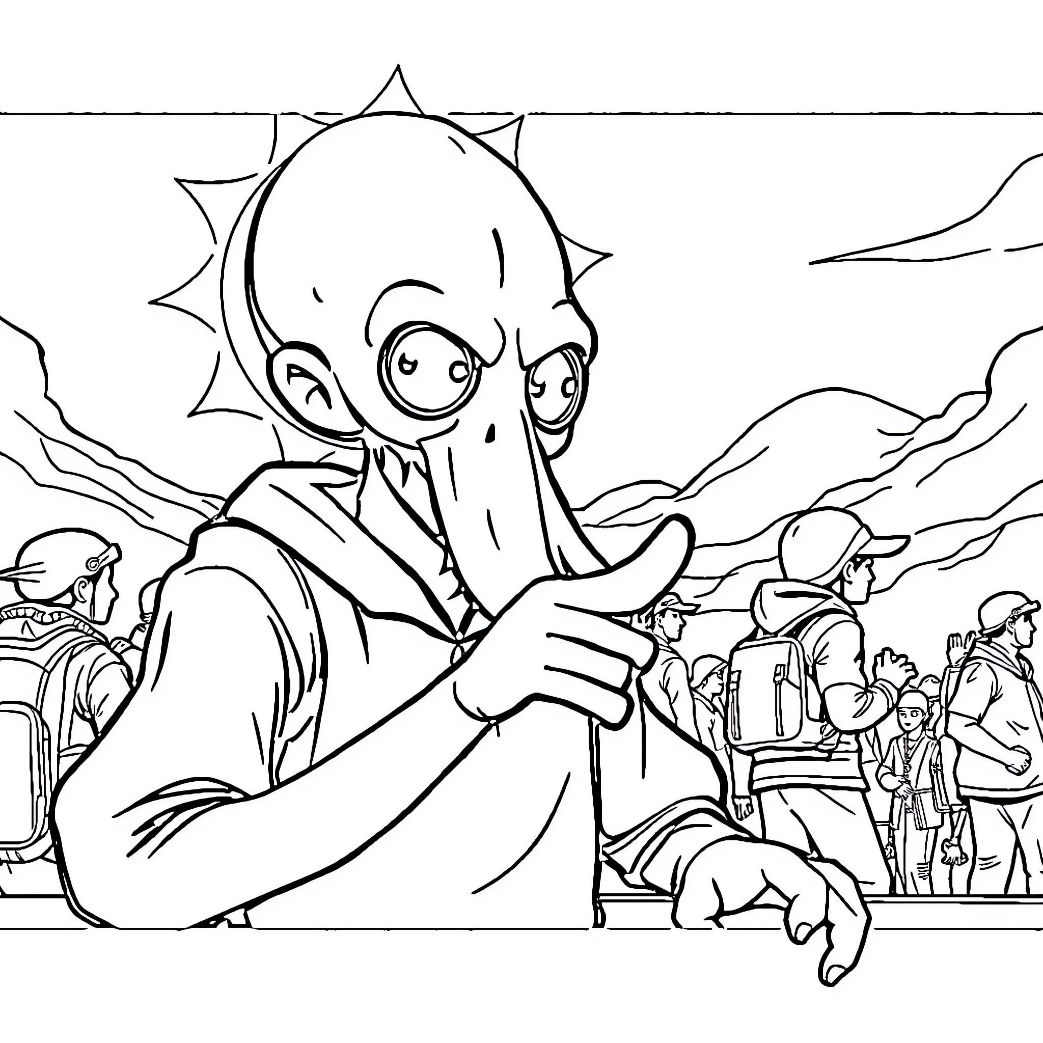 Joueur aux yeux écarquillés dans une scène animée Coloring Page (free black-and-white line drawing printable PDF for all, from beginners to advanced learners, including children, teens, adults, and seniors)