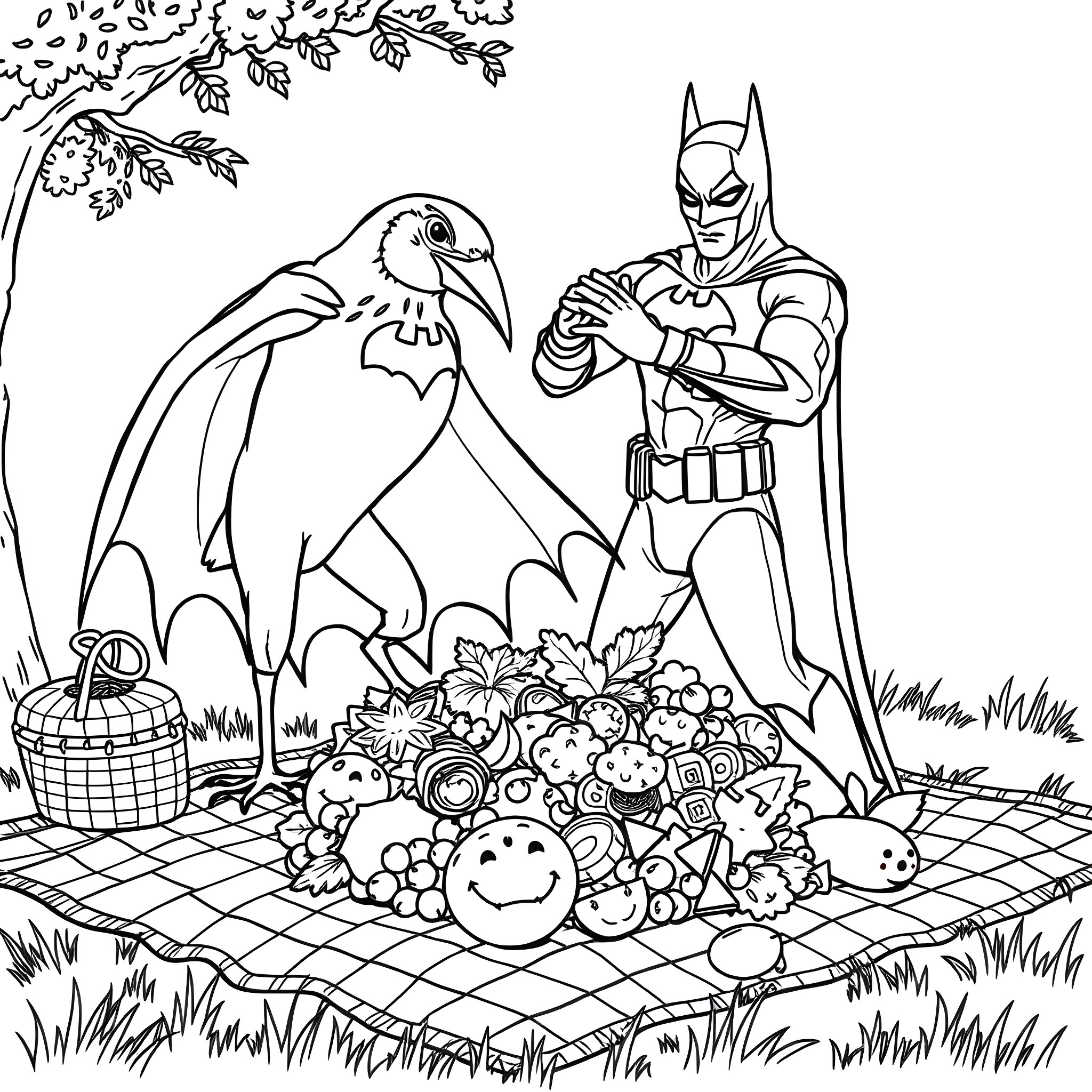 Bird Superhero Investigates Picnic in Nature Coloring Page (free black-and-white line drawing printable PDF for all, from beginners to advanced learners, including children, teens, adults, and seniors)