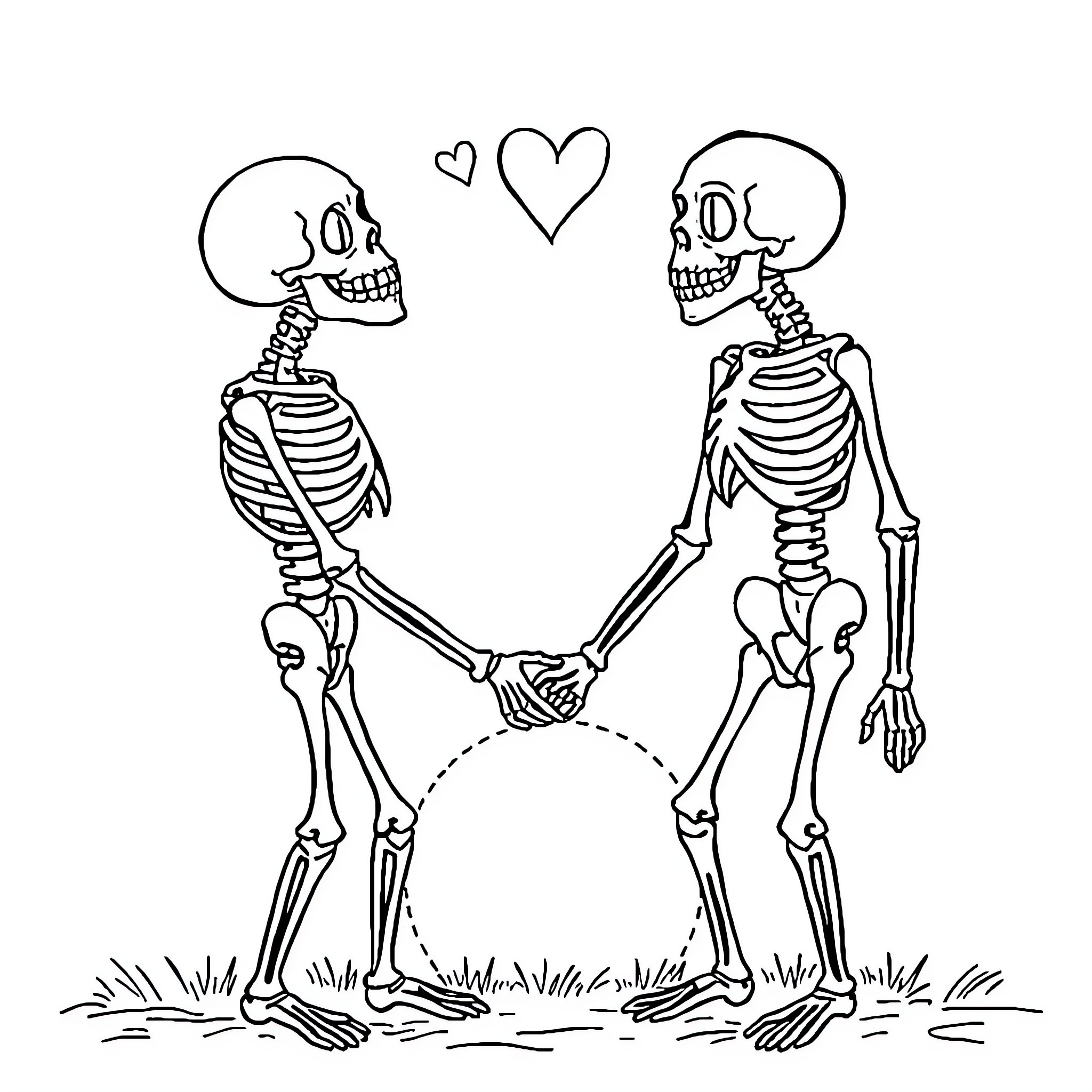 Skeleton Couple Holding Hands with Hearts Coloring Page (free black-and-white line drawing printable PDF for all, from beginners to advanced learners, including children, teens, adults, and seniors)