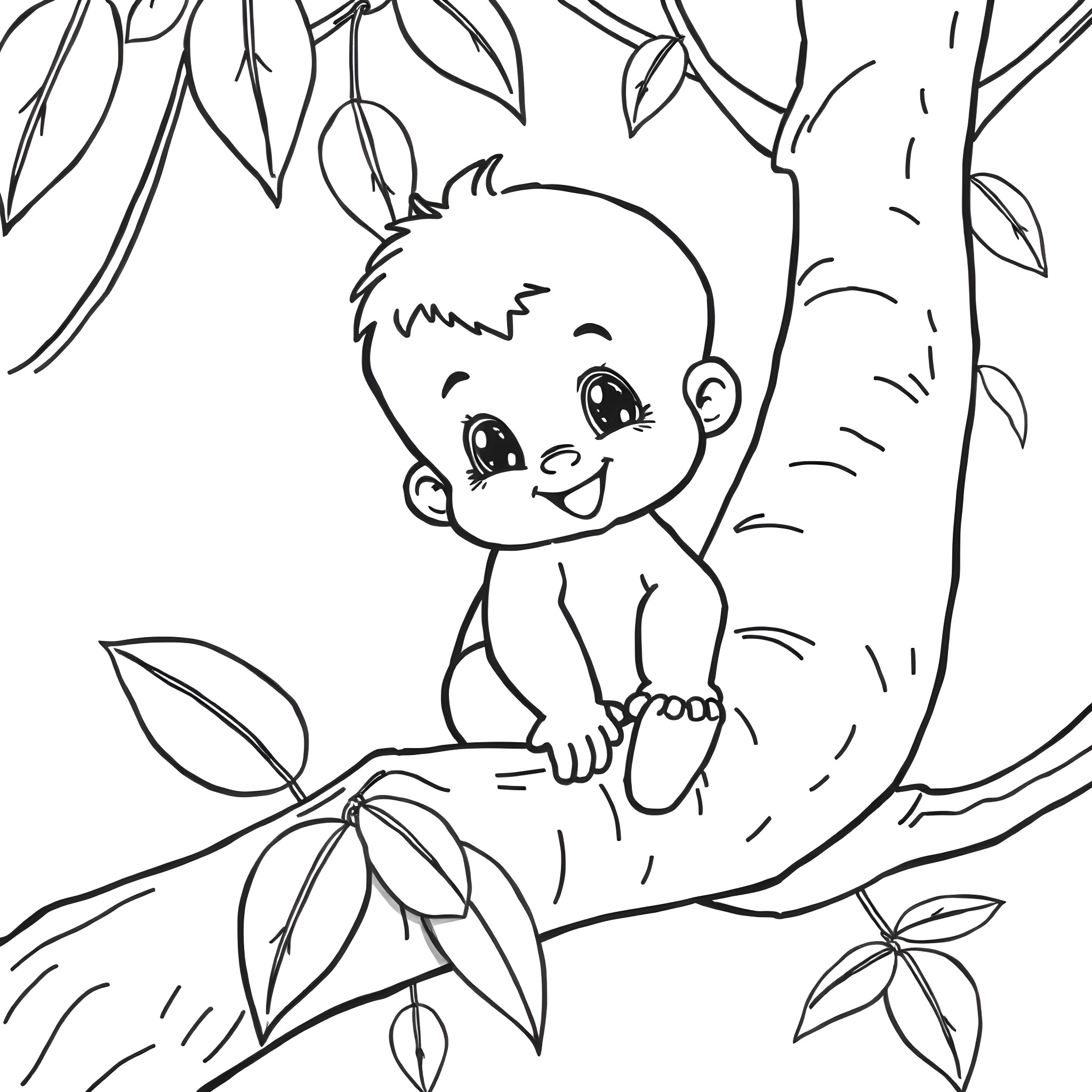 Bimbo playing happily in the forest Coloring Page (free black-and-white line drawing printable PDF for all, from beginners to advanced learners, including children, teens, adults, and seniors)