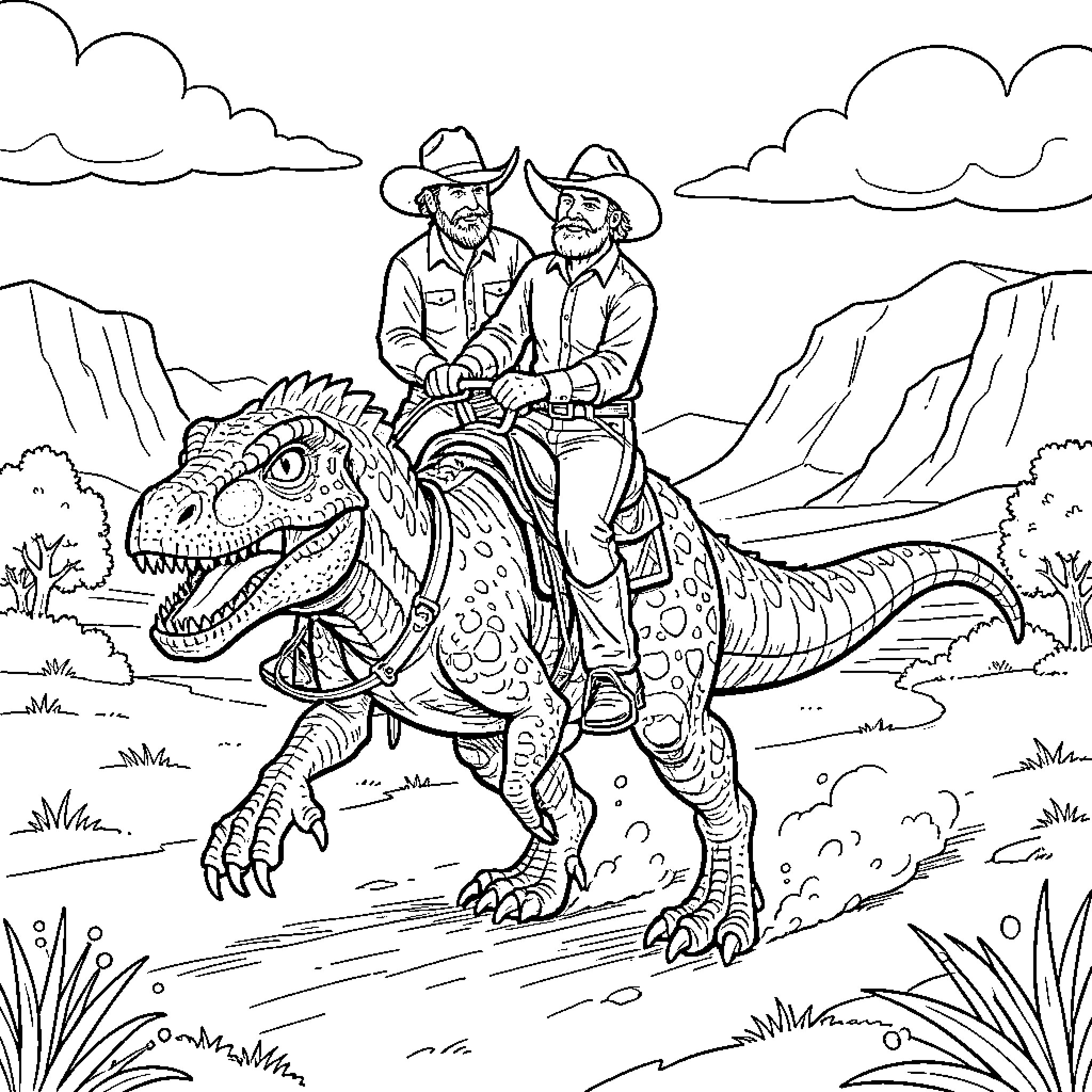 Cowboy duo riding on a prehistoric beast through the rugged landscape Coloring Page (free black-and-white line drawing printable PDF for all, from beginners to advanced learners, including children, teens, adults, and seniors)