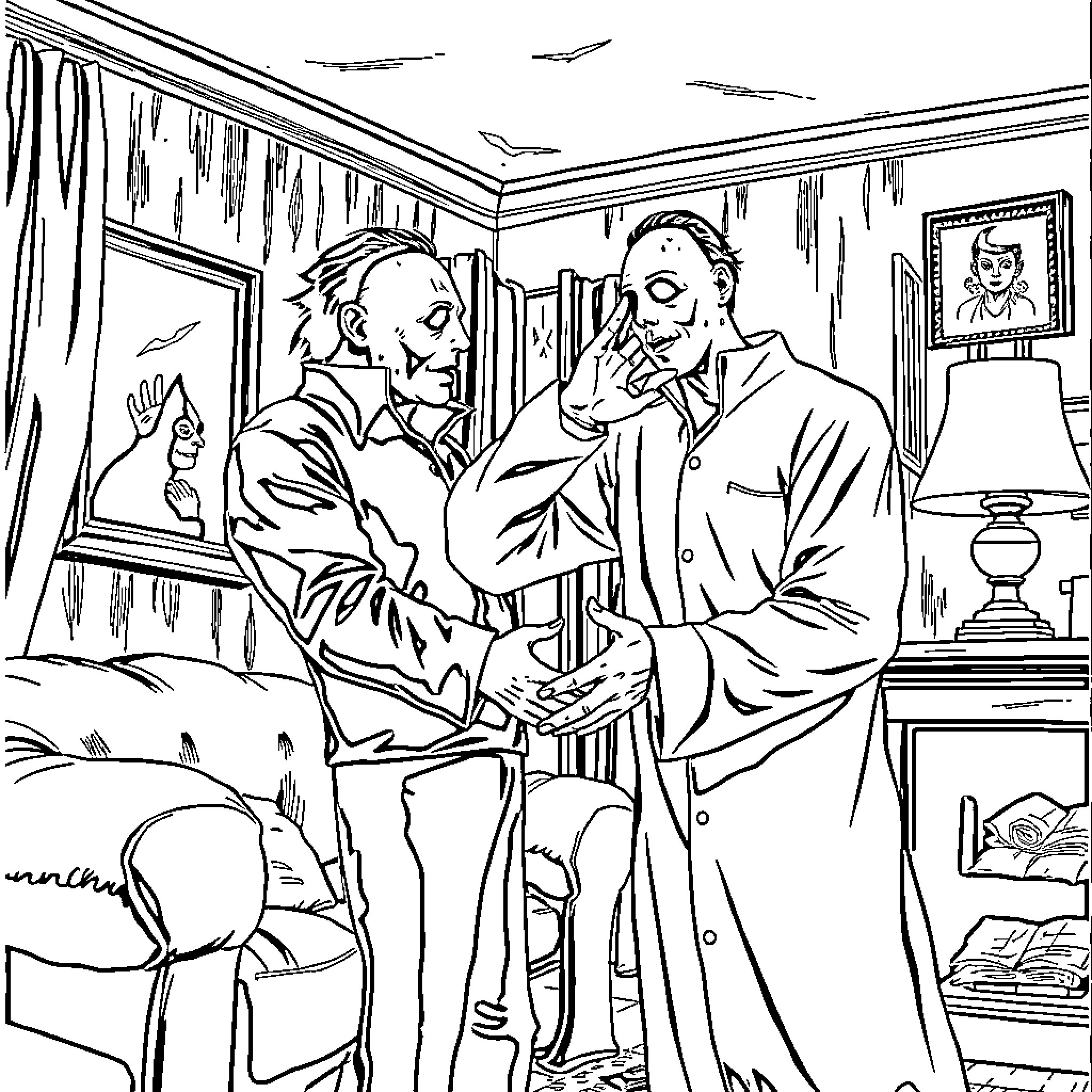 Ghostface investigating a mysterious case with a suspect Coloring Page (free black-and-white line drawing printable PDF for all, from beginners to advanced learners, including children, teens, adults, and seniors)