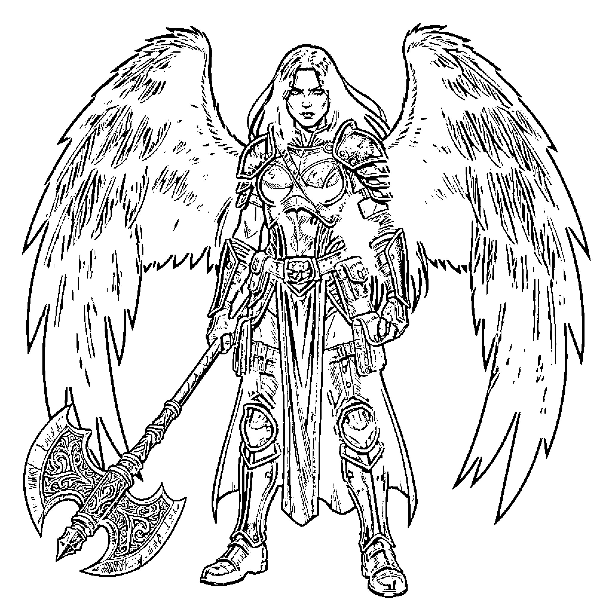 Warrior angel with wings wielding a battle-axe Coloring Page (free black-and-white line drawing printable PDF for all, from beginners to advanced learners, including children, teens, adults, and seniors)