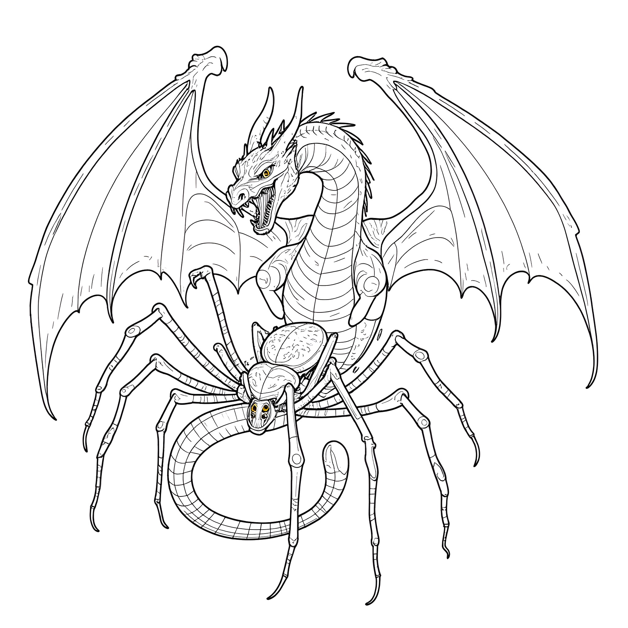 Dragon with Arachnid Attributes Poised for Attack Coloring Page (free black-and-white line drawing printable PDF for all, from beginners to advanced learners, including children, teens, adults, and seniors)