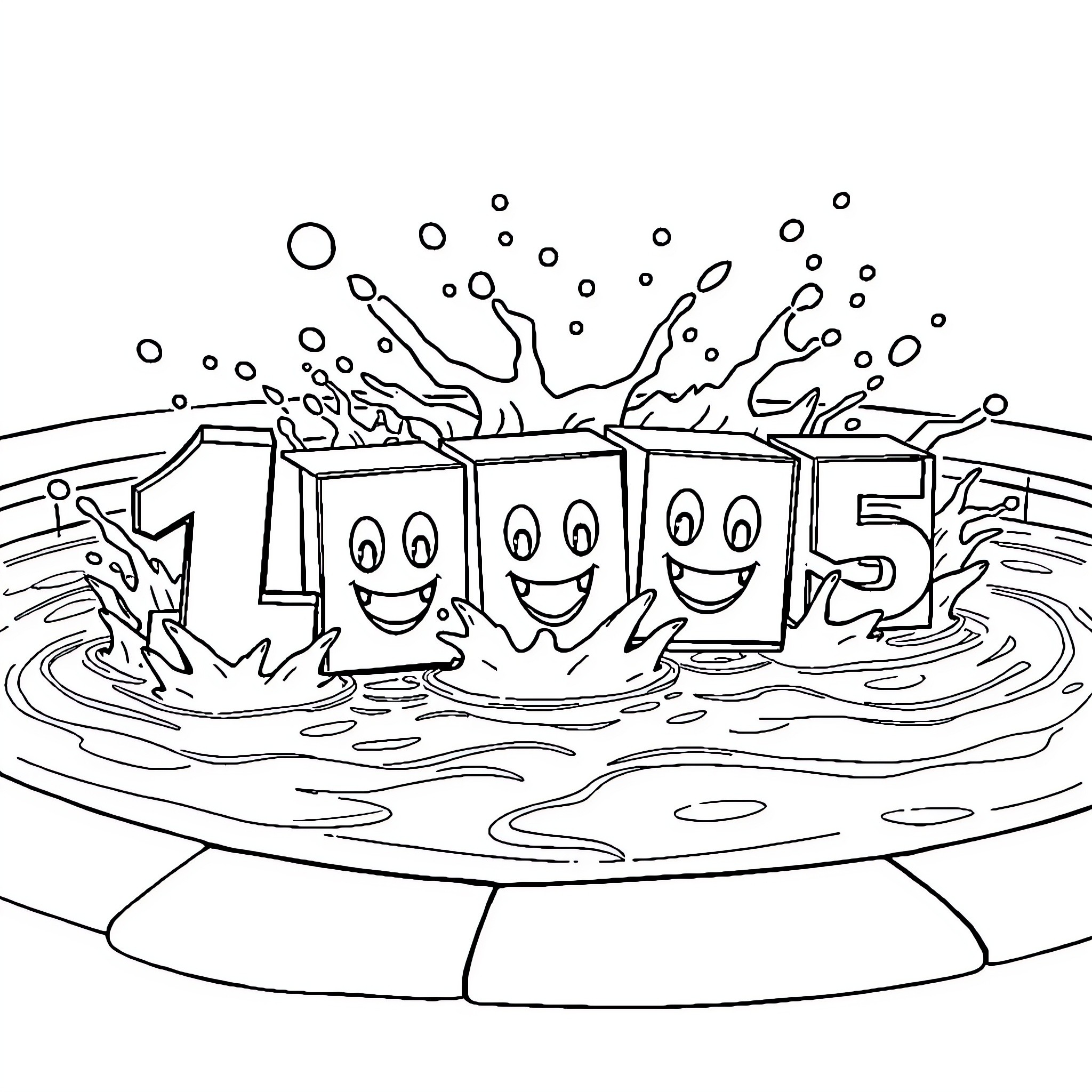 Numberblocks playing joyfully in the water Coloring Page (free black-and-white line drawing printable PDF for all, from beginners to advanced learners, including children, teens, adults, and seniors)