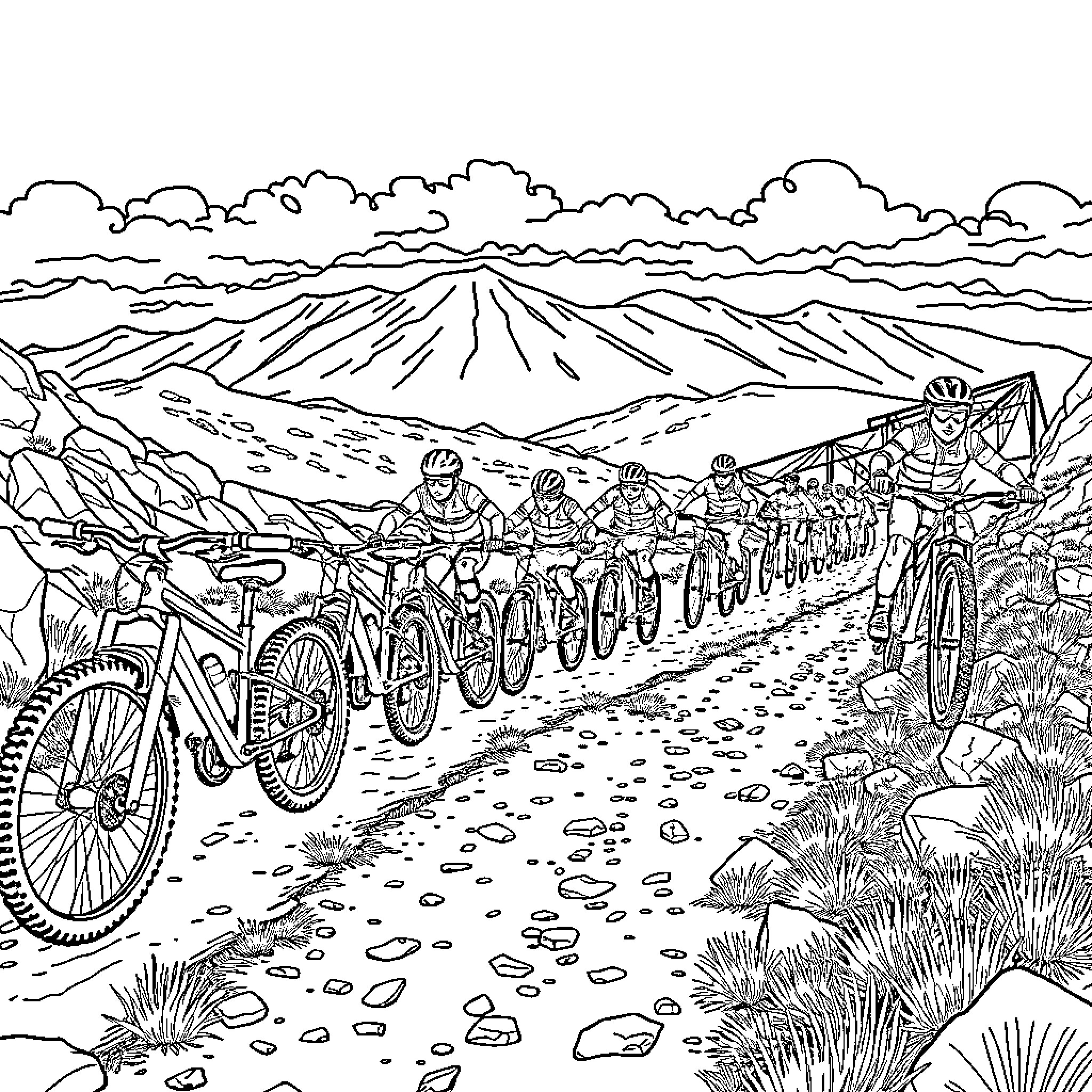 Mountain Bike Group Riding Through Rugged Landscape Coloring Page (free black-and-white line drawing printable PDF for all, from beginners to advanced learners, including children, teens, adults, and seniors)