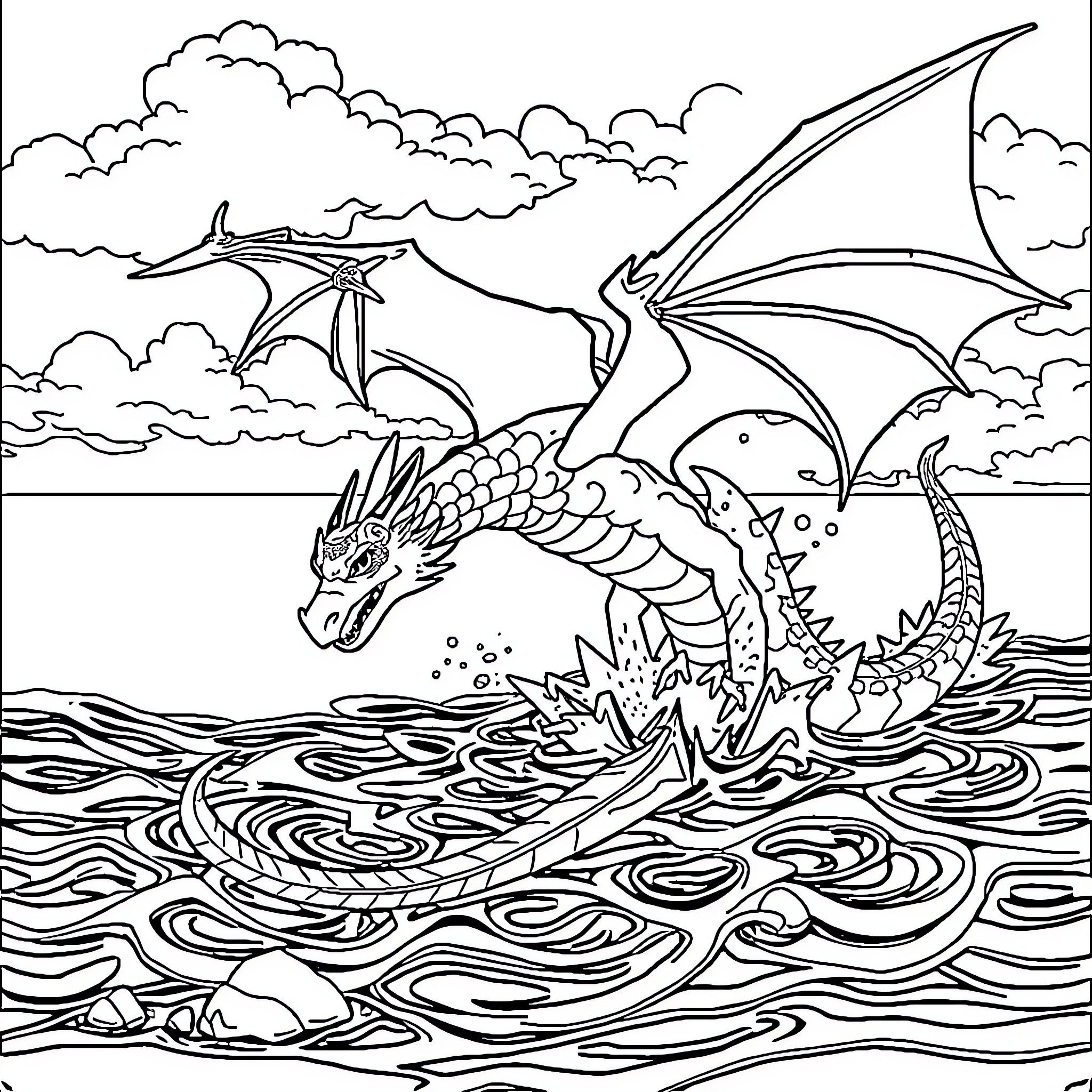 Dragon soaring over stormy waves in the sky Coloring Page (free black-and-white line drawing printable PDF for all, from beginners to advanced learners, including children, teens, adults, and seniors)