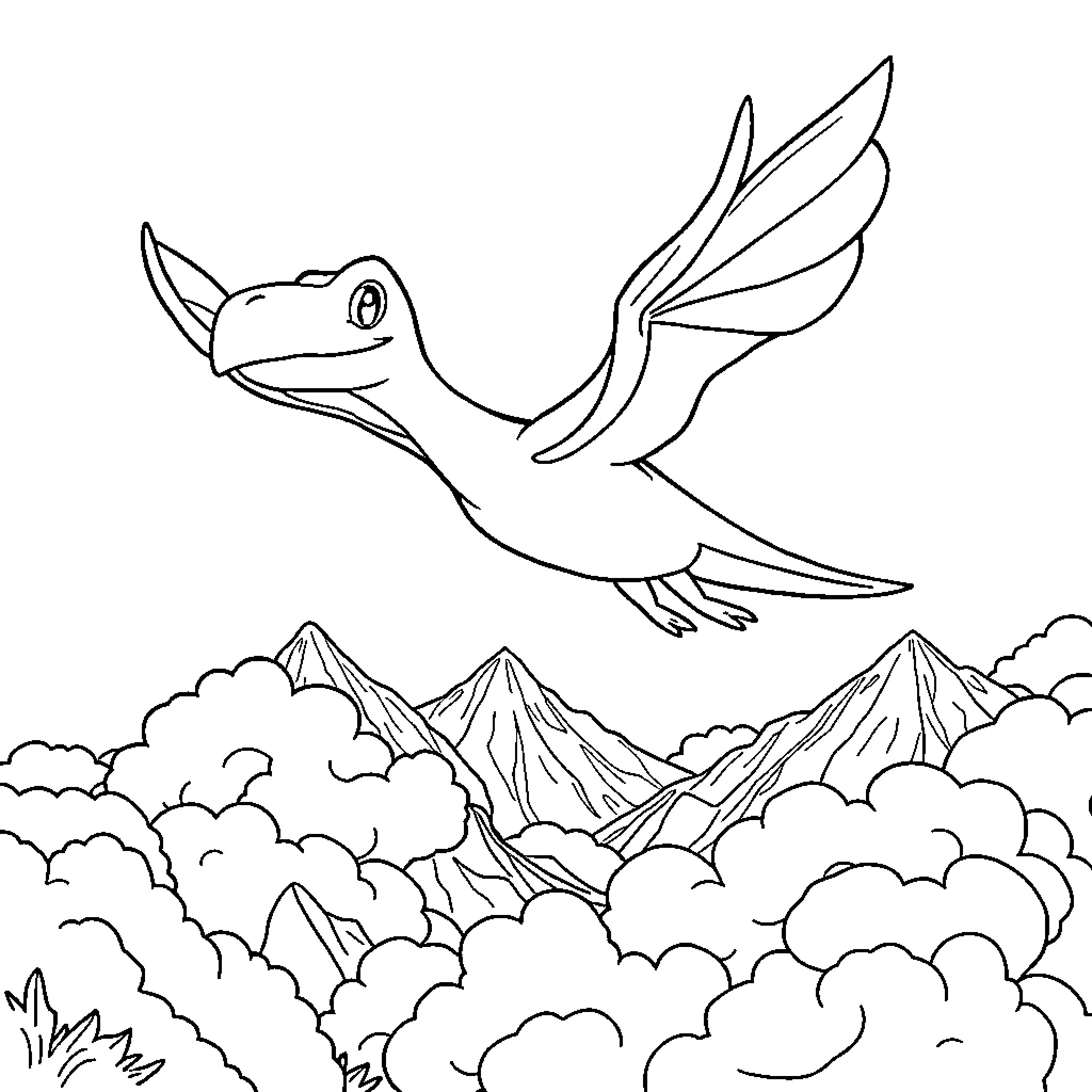 Pterodactyl soaring above the majestic mountains Coloring Page (free black-and-white line drawing printable PDF for all, from beginners to advanced learners, including children, teens, adults, and seniors)