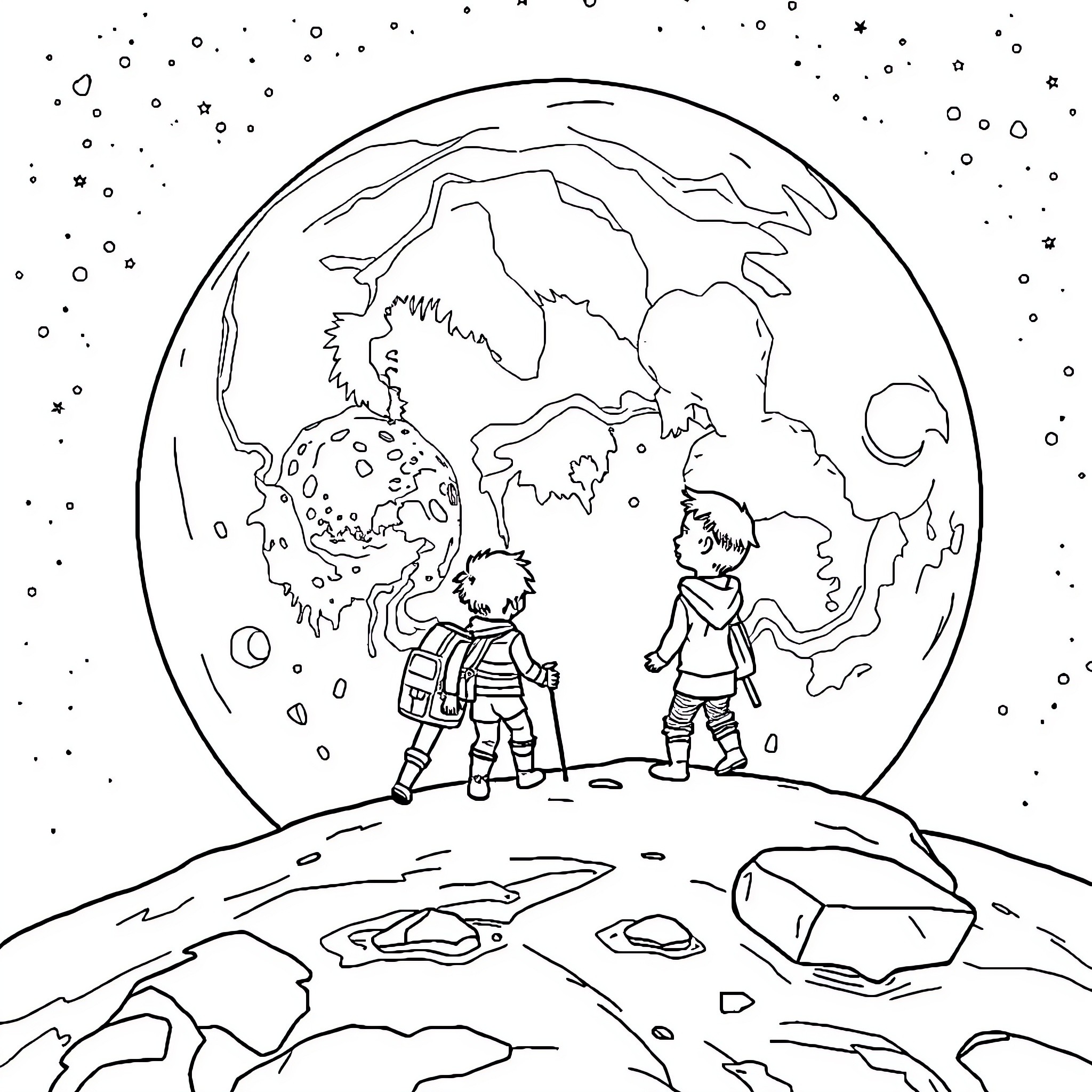 Boy exploring the mysterious, starry outer space Coloring Page (free black-and-white line drawing printable PDF for all, from beginners to advanced learners, including children, teens, adults, and seniors)