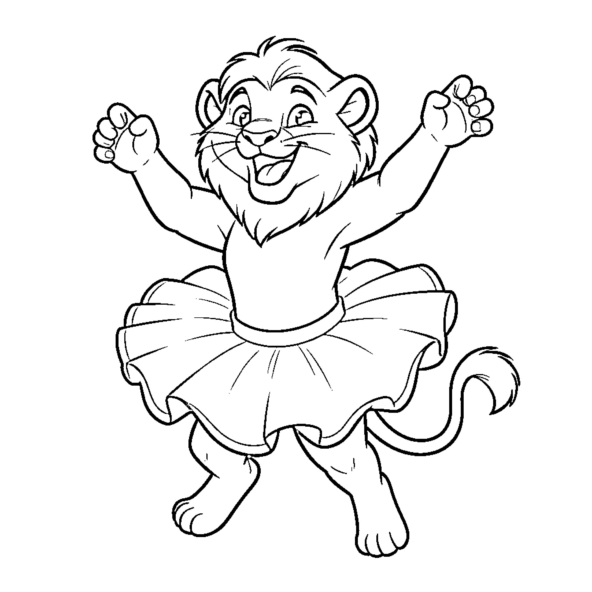 Simba dancing joyfully in tutu outfit Coloring Page (free black-and-white line drawing printable PDF for all, from beginners to advanced learners, including children, teens, adults, and seniors)