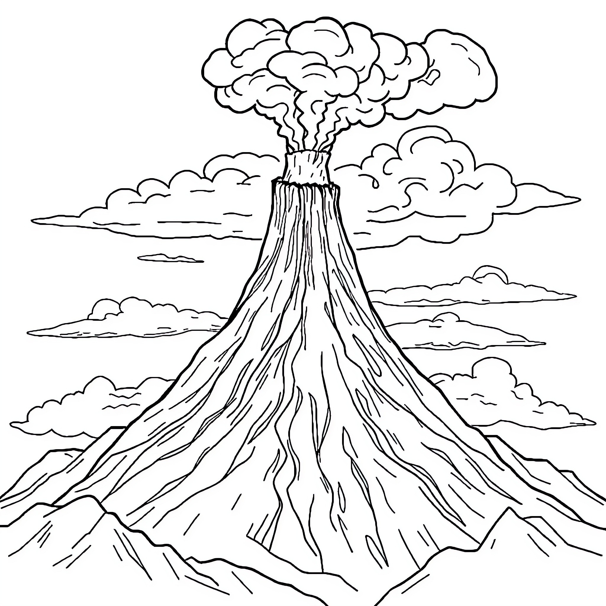 Volcano erupting with billowing smoke and steam Coloring Page (free black-and-white line drawing printable PDF for all, from beginners to advanced learners, including children, teens, adults, and seniors)