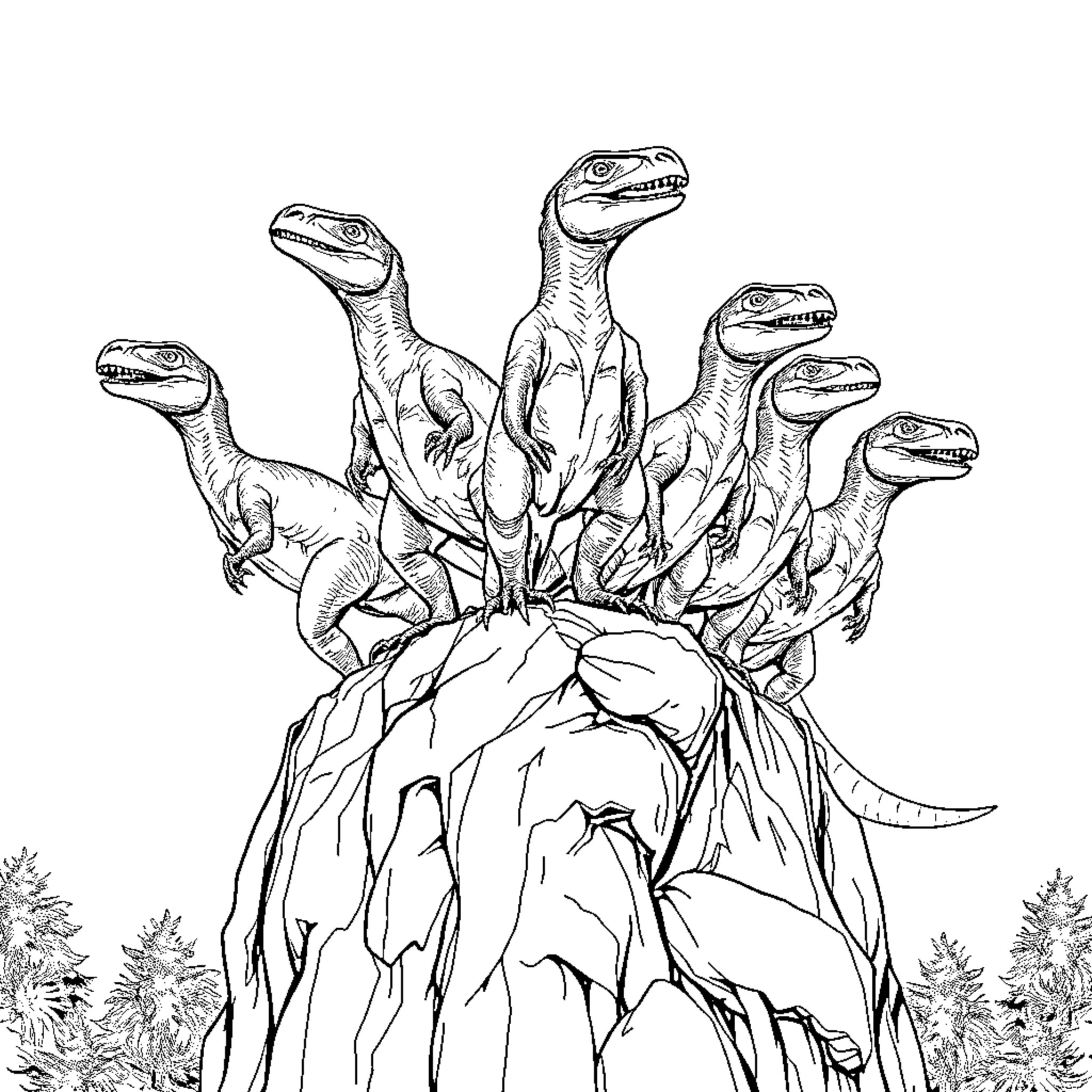 Raptor Pack Emerging from Prehistoric Landscape Coloring Page (free black-and-white line drawing printable PDF for all, from beginners to advanced learners, including children, teens, adults, and seniors)