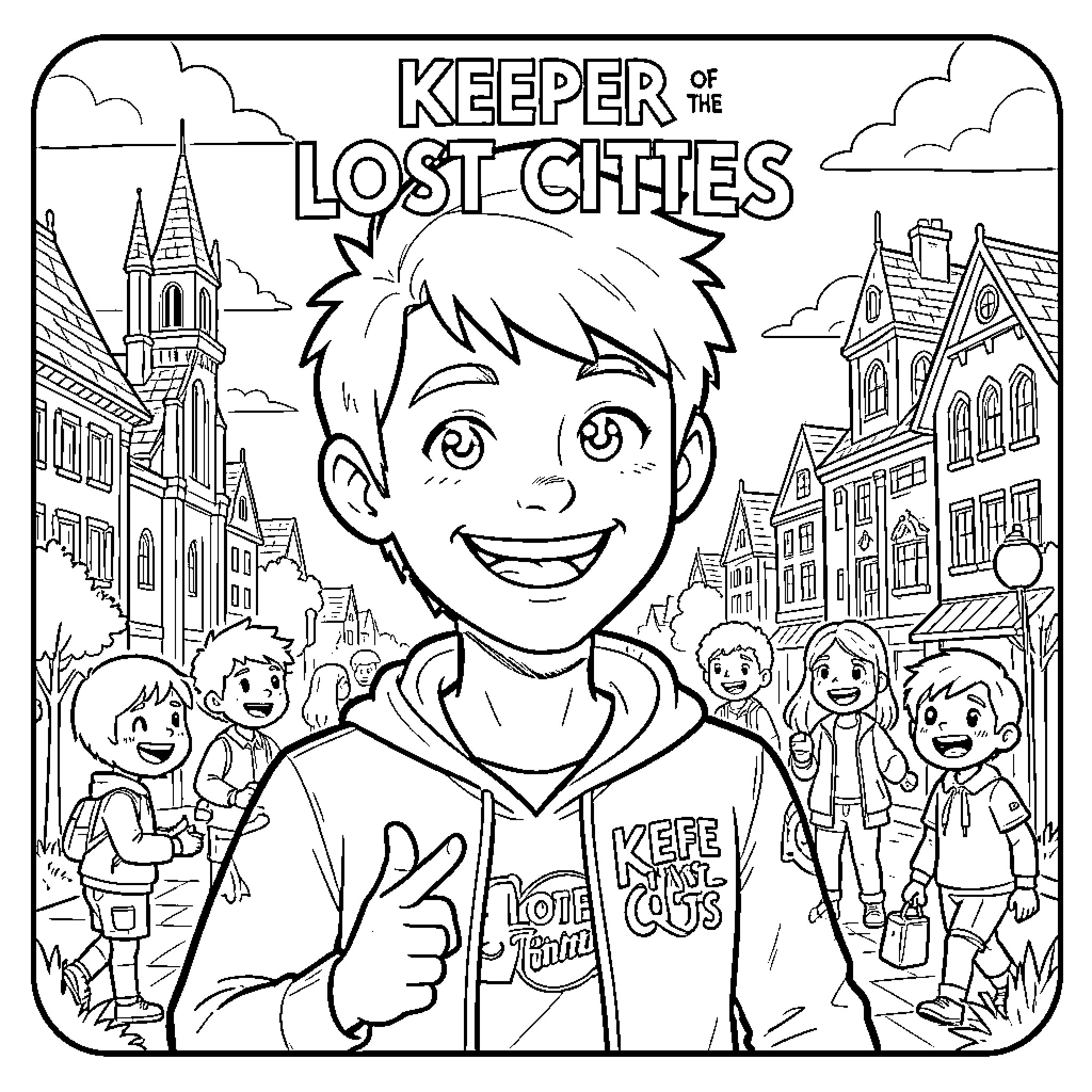 Keefe smiling brightly in a busy town setting Coloring Page (free black-and-white line drawing printable PDF for all, from beginners to advanced learners, including children, teens, adults, and seniors)