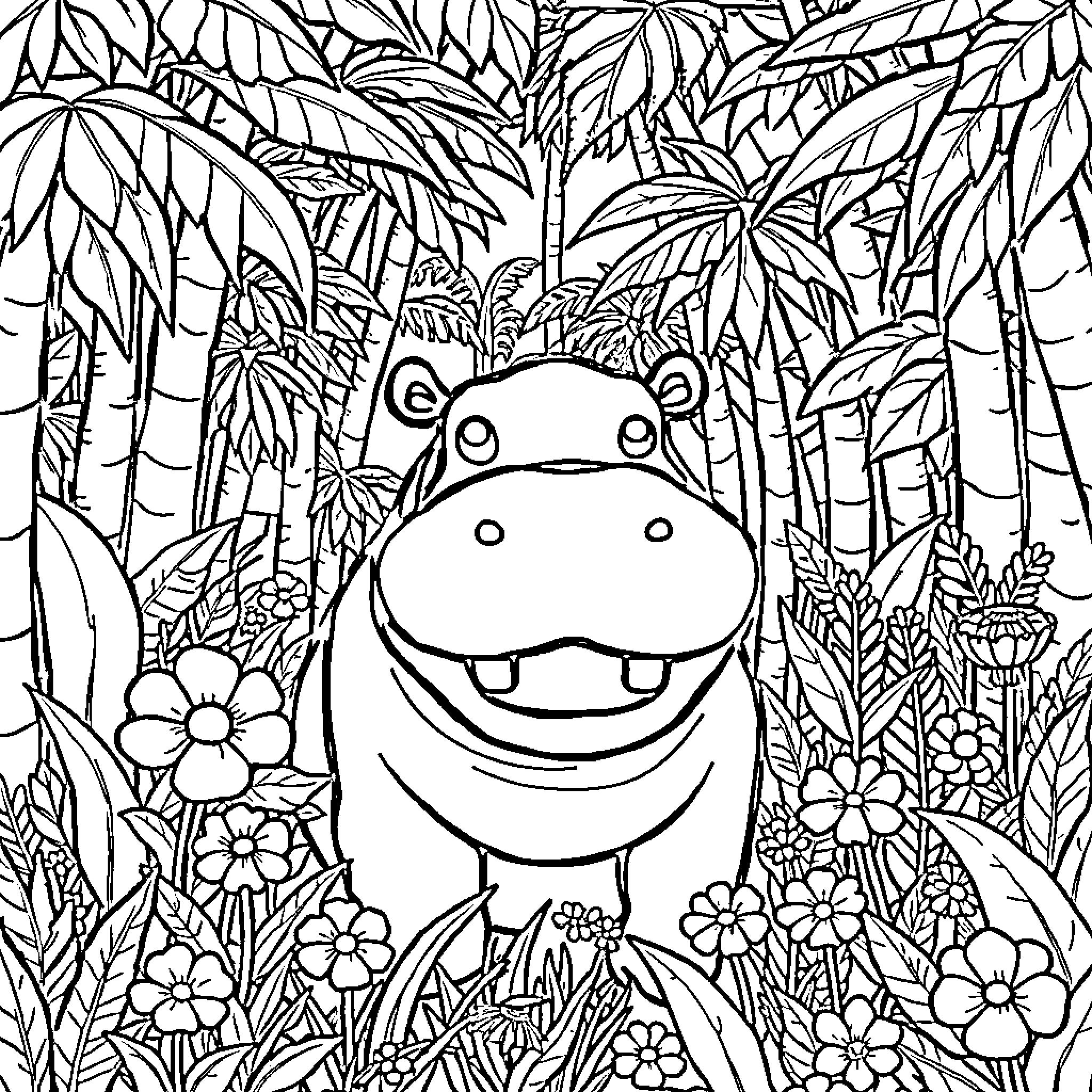 Hippo smiling happily in the lush jungle Coloring Page (free black-and-white line drawing printable PDF for all, from beginners to advanced learners, including children, teens, adults, and seniors)