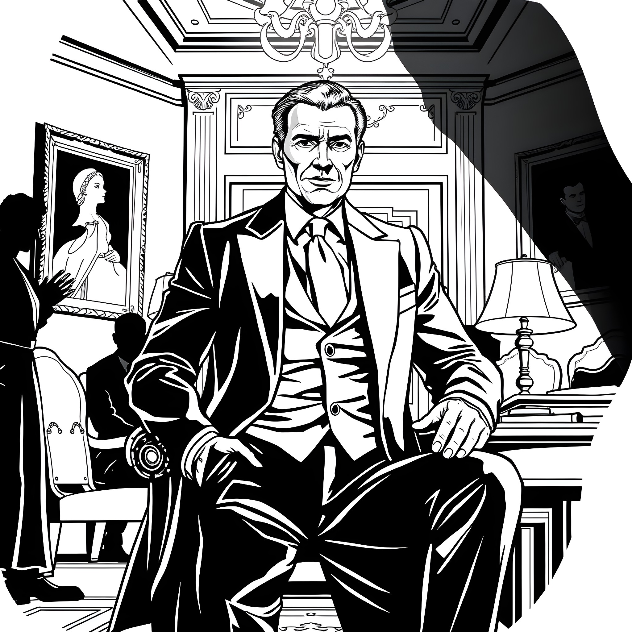 Godfather's Stately Presence: A Man of Influence and Power Coloring Page (free black-and-white line drawing printable PDF for all, from beginners to advanced learners, including children, teens, adults, and seniors)