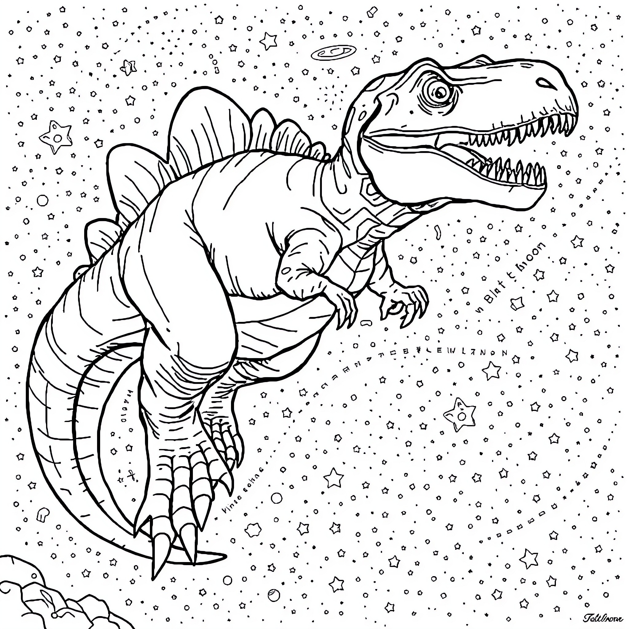 Dinosaur exploring the starry night sky Coloring Page (free black-and-white line drawing printable PDF for all, from beginners to advanced learners, including children, teens, adults, and seniors)