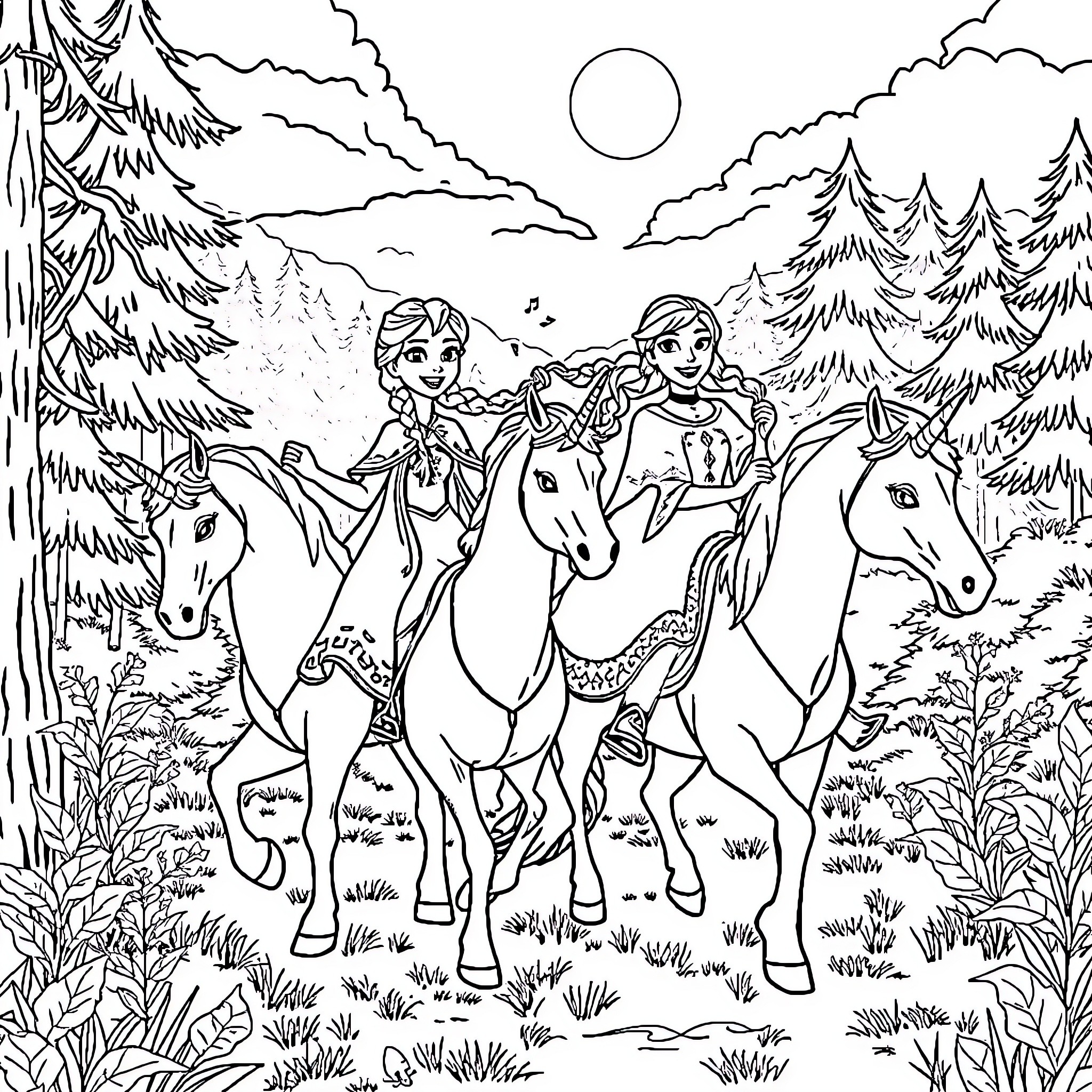 Unicorn Princesses Riding Magical Horses in Enchanted Forest Coloring Page (free black-and-white line drawing printable PDF for all, from beginners to advanced learners, including children, teens, adults, and seniors)
