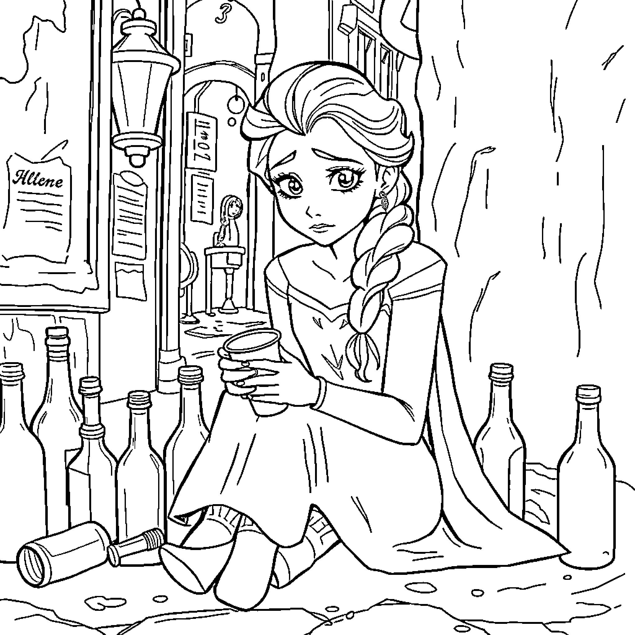 Elsa in a cozy reading nook Coloring Page (free black-and-white line drawing printable PDF for all, from beginners to advanced learners, including children, teens, adults, and seniors)