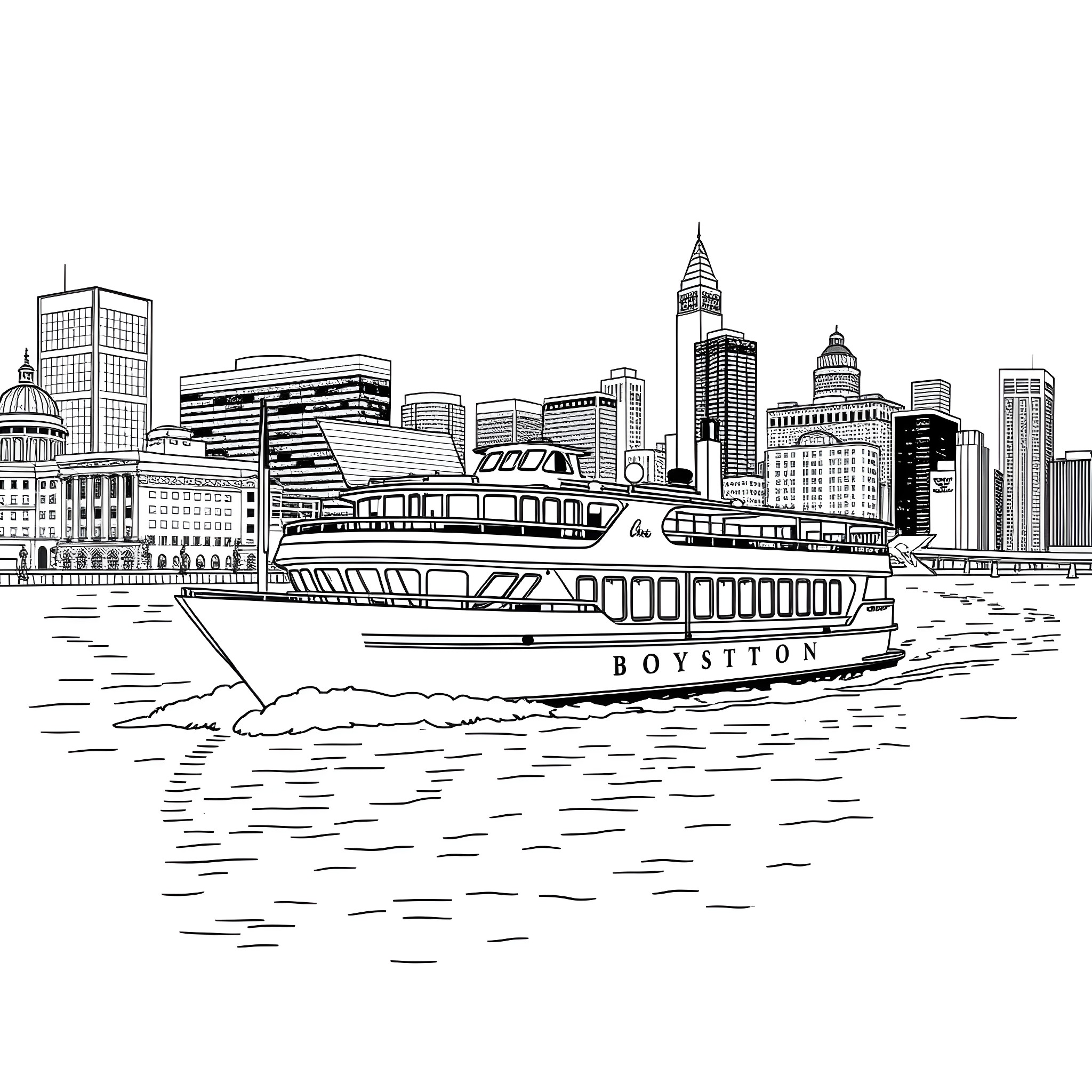 Cruise ship sailing through the city skyline Coloring Page (free black-and-white line drawing printable PDF for all, from beginners to advanced learners, including children, teens, adults, and seniors)