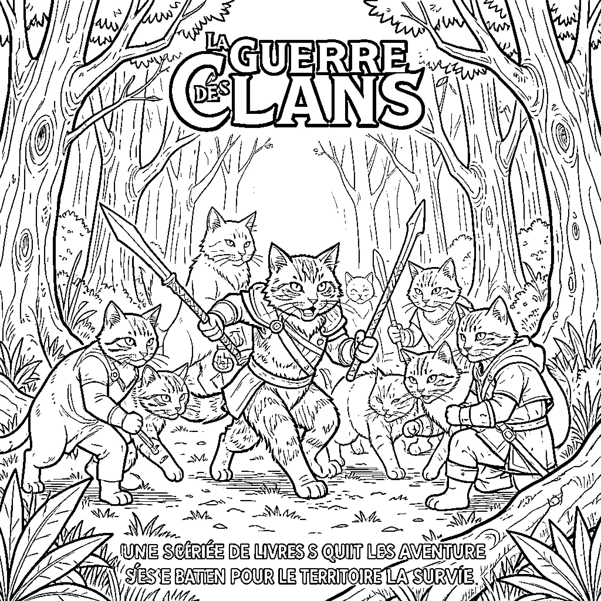 Clan of warrior cats fighting in the forest Coloring Page (free black-and-white line drawing printable PDF for all, from beginners to advanced learners, including children, teens, adults, and seniors)