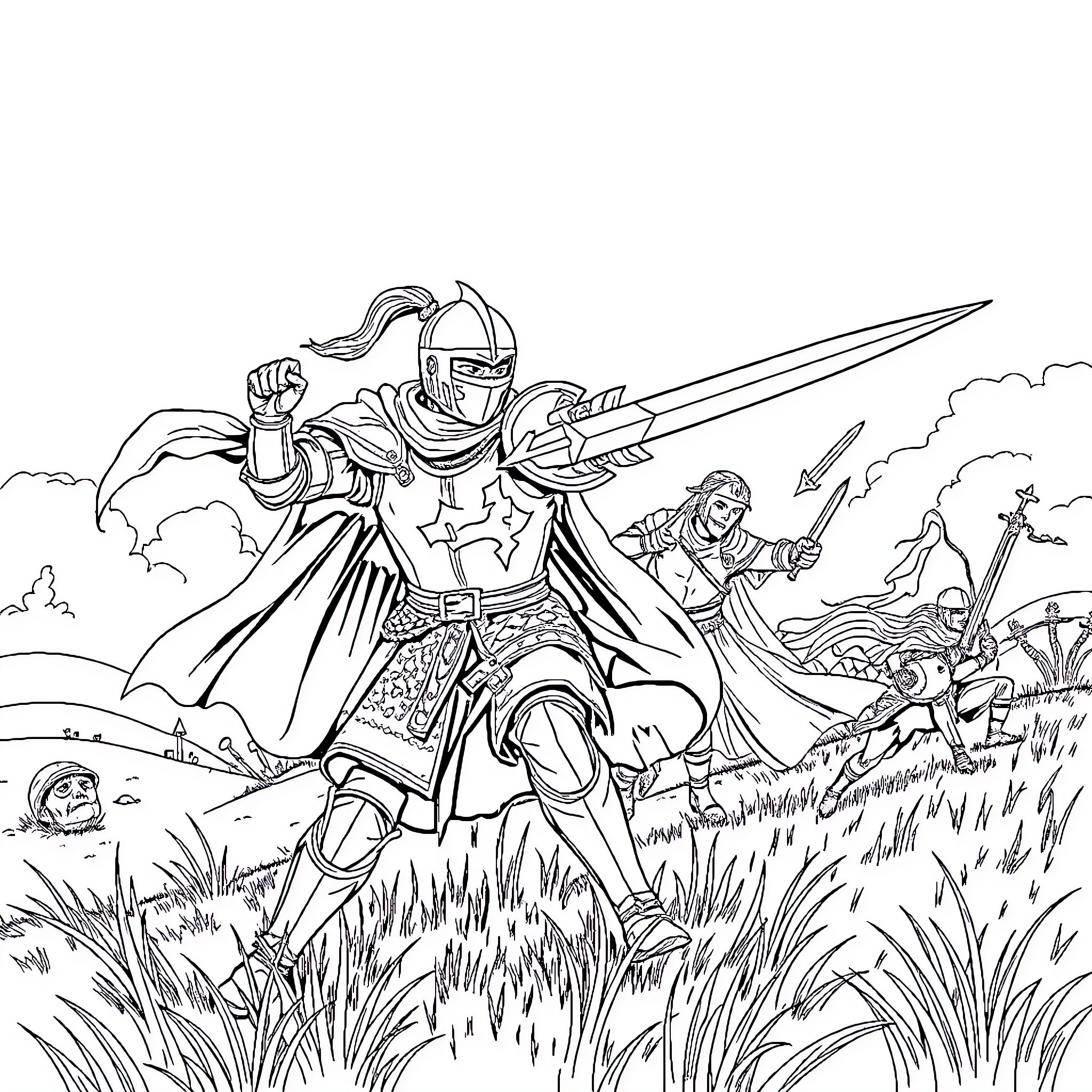 Knight's Valiant Charge into Battle Coloring Page (free black-and-white line drawing printable PDF for all, from beginners to advanced learners, including children, teens, adults, and seniors)