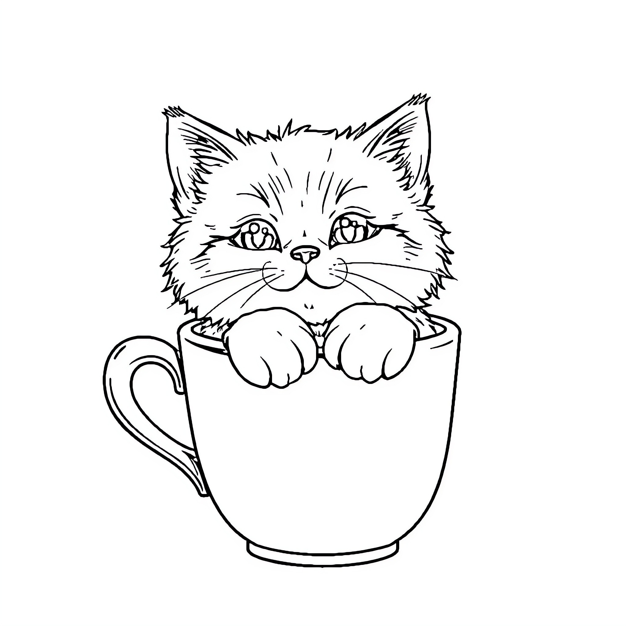 Cat peeking out from a cup Coloring Page (free black-and-white line drawing printable PDF for all, from beginners to advanced learners, including children, teens, adults, and seniors)