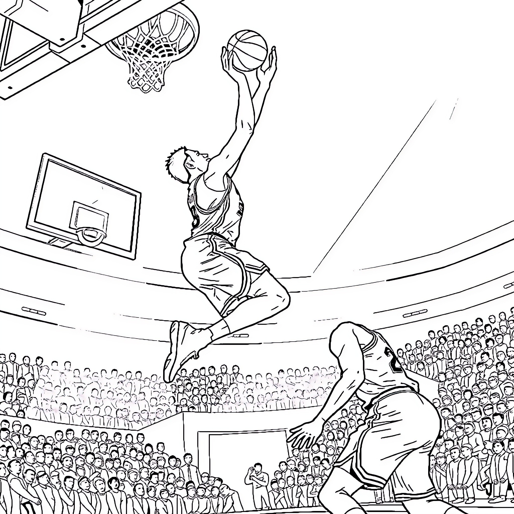 Jayson Tatum dunking in a basketball game Coloring Page (free black-and-white line drawing printable PDF for all, from beginners to advanced learners, including children, teens, adults, and seniors)