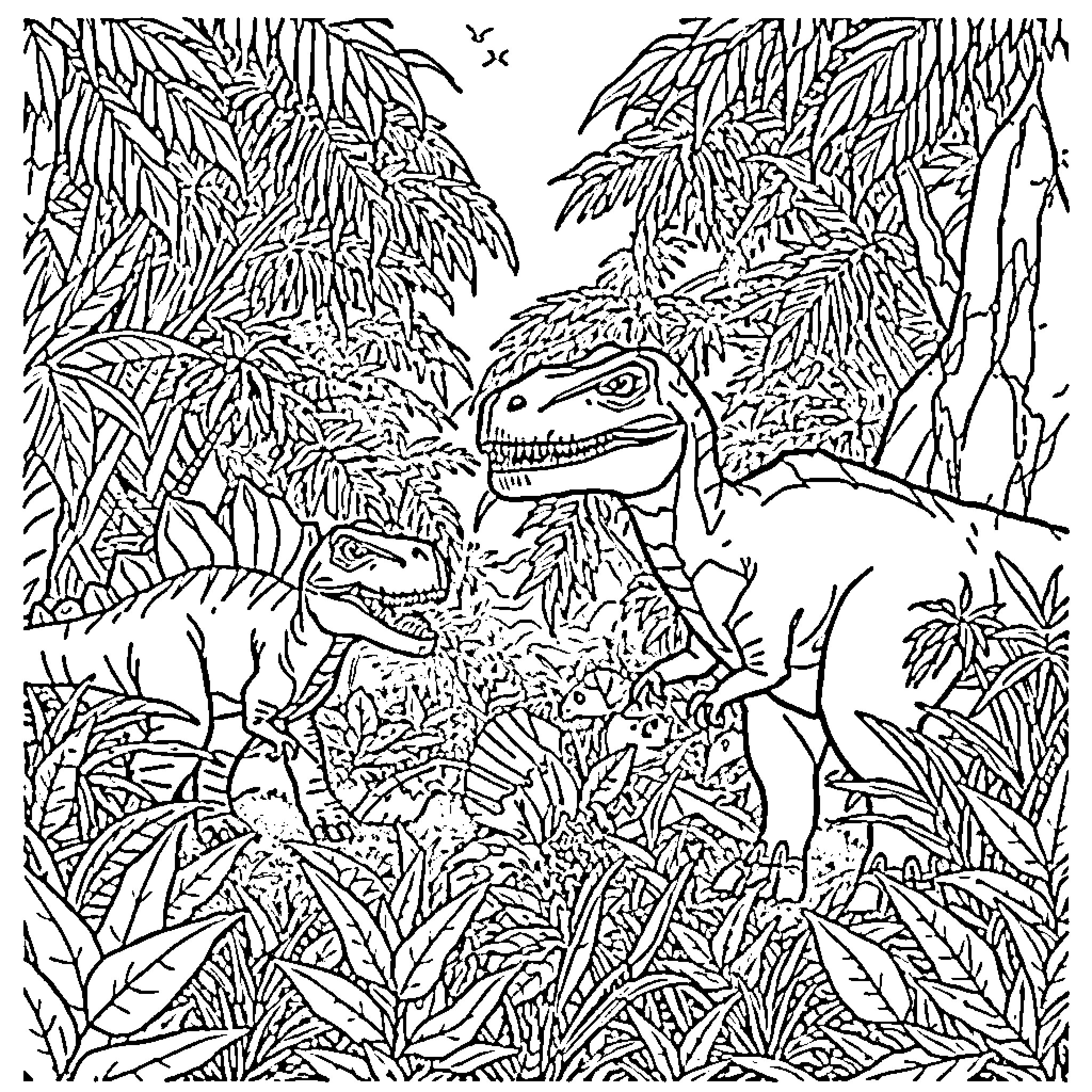 Dinosaurs Roaming through Lush Jungle Landscape Coloring Page (free black-and-white line drawing printable PDF for all, from beginners to advanced learners, including children, teens, adults, and seniors)