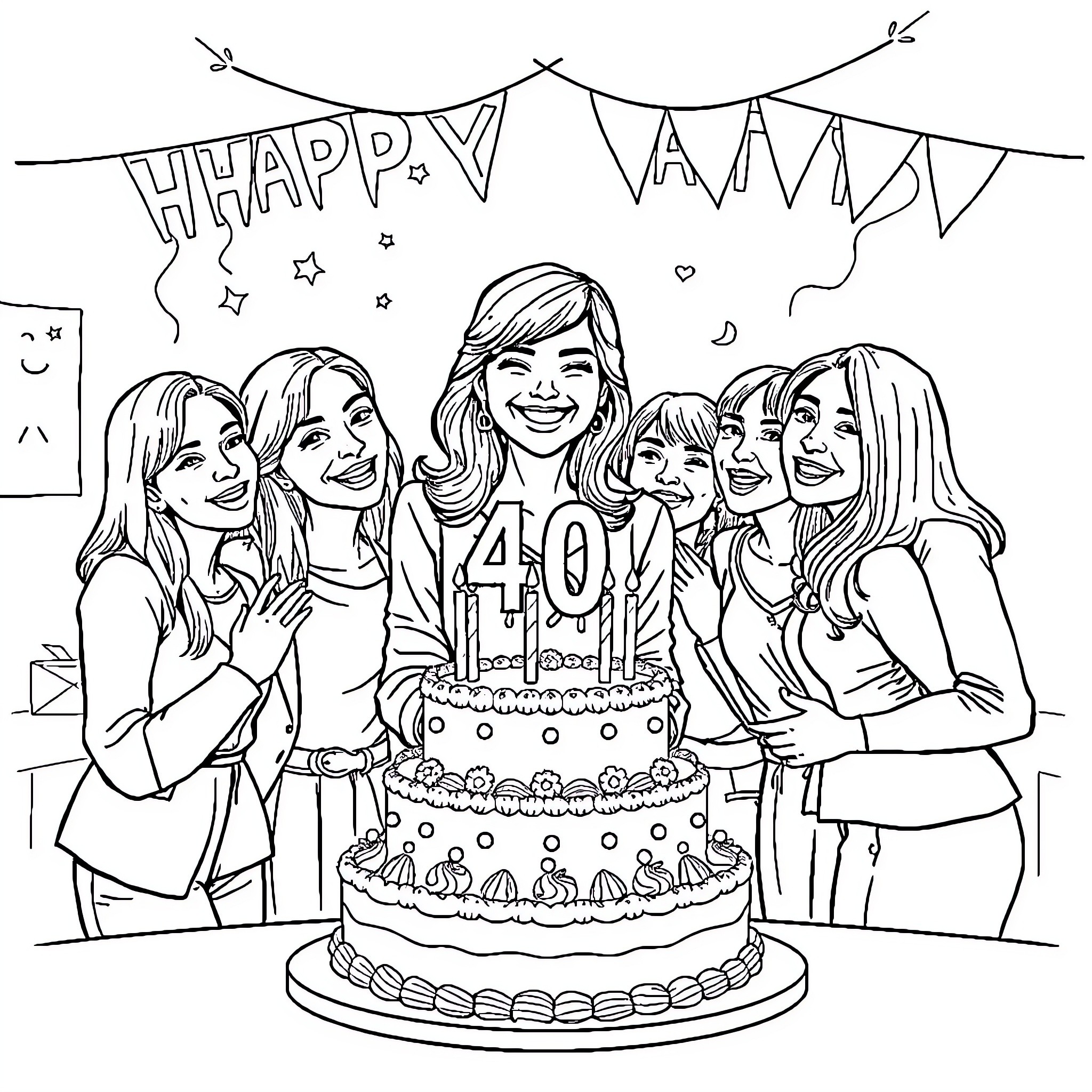 Enseignante célébrant son anniversaire avec des amis Coloring Page (free black-and-white line drawing printable PDF for all, from beginners to advanced learners, including children, teens, adults, and seniors)