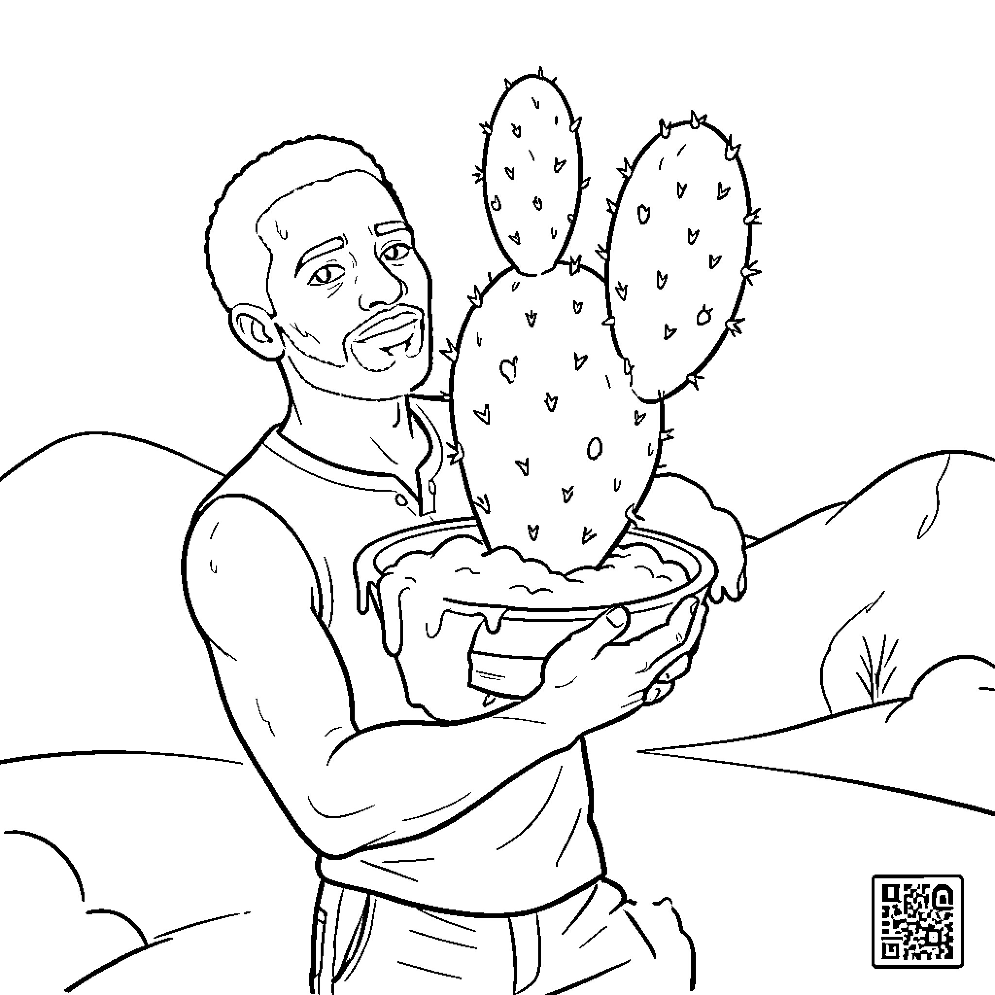 Nopal Farmer Tending to Cacti in the Desert Coloring Page (free black-and-white line drawing printable PDF for all, from beginners to advanced learners, including children, teens, adults, and seniors)