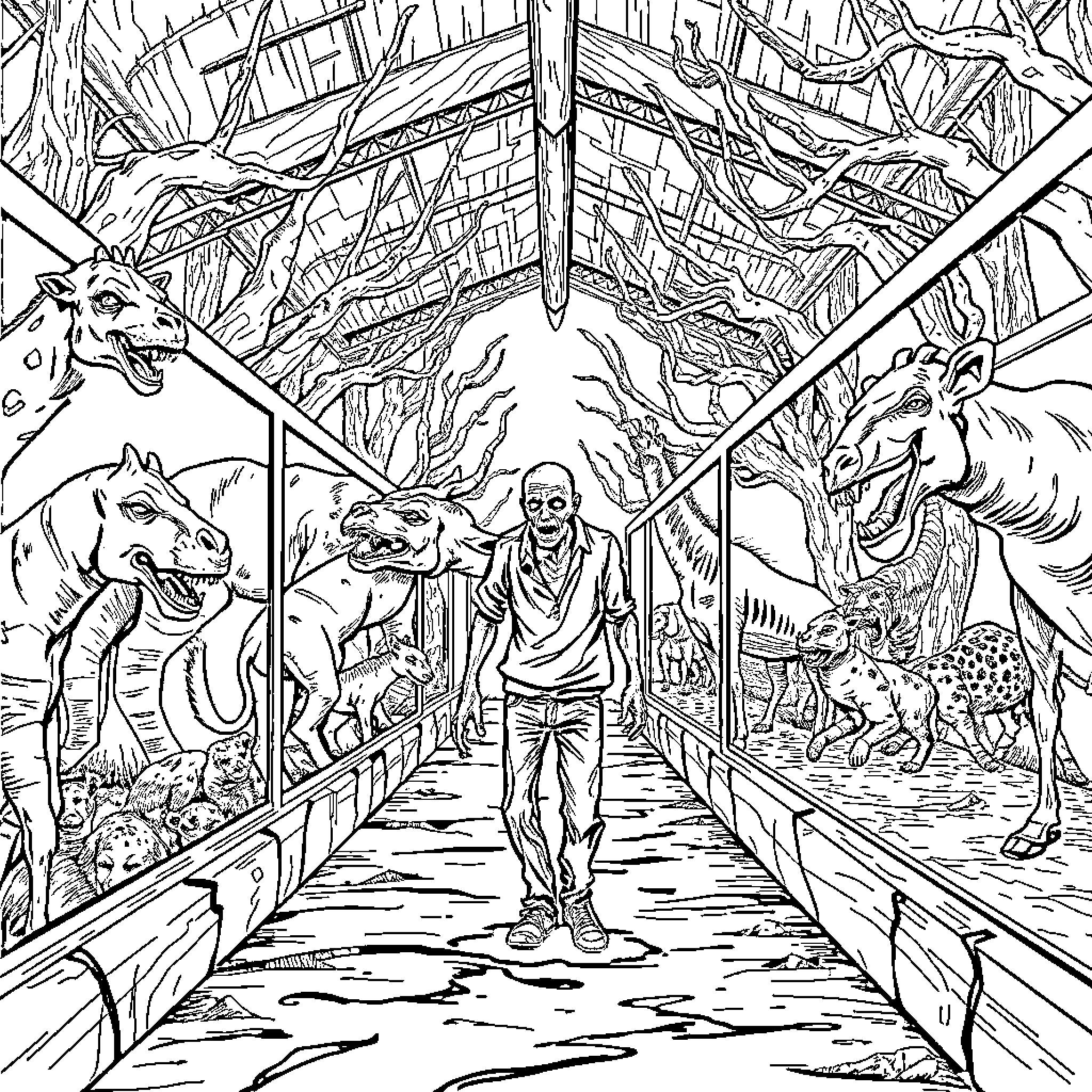 Zombie Outbreak in the Wild Jungle Coloring Page (free black-and-white line drawing printable PDF for all, from beginners to advanced learners, including children, teens, adults, and seniors)