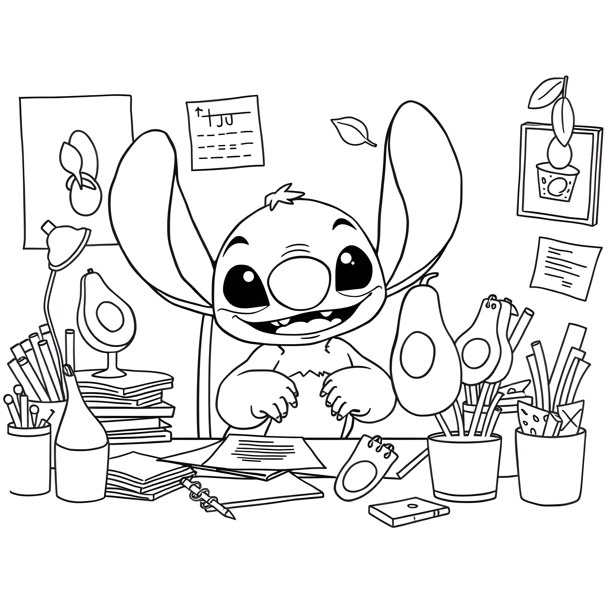 Stitch studying and working on homework Coloring Page (free black-and-white line drawing printable PDF for all, from beginners to advanced learners, including children, teens, adults, and seniors)