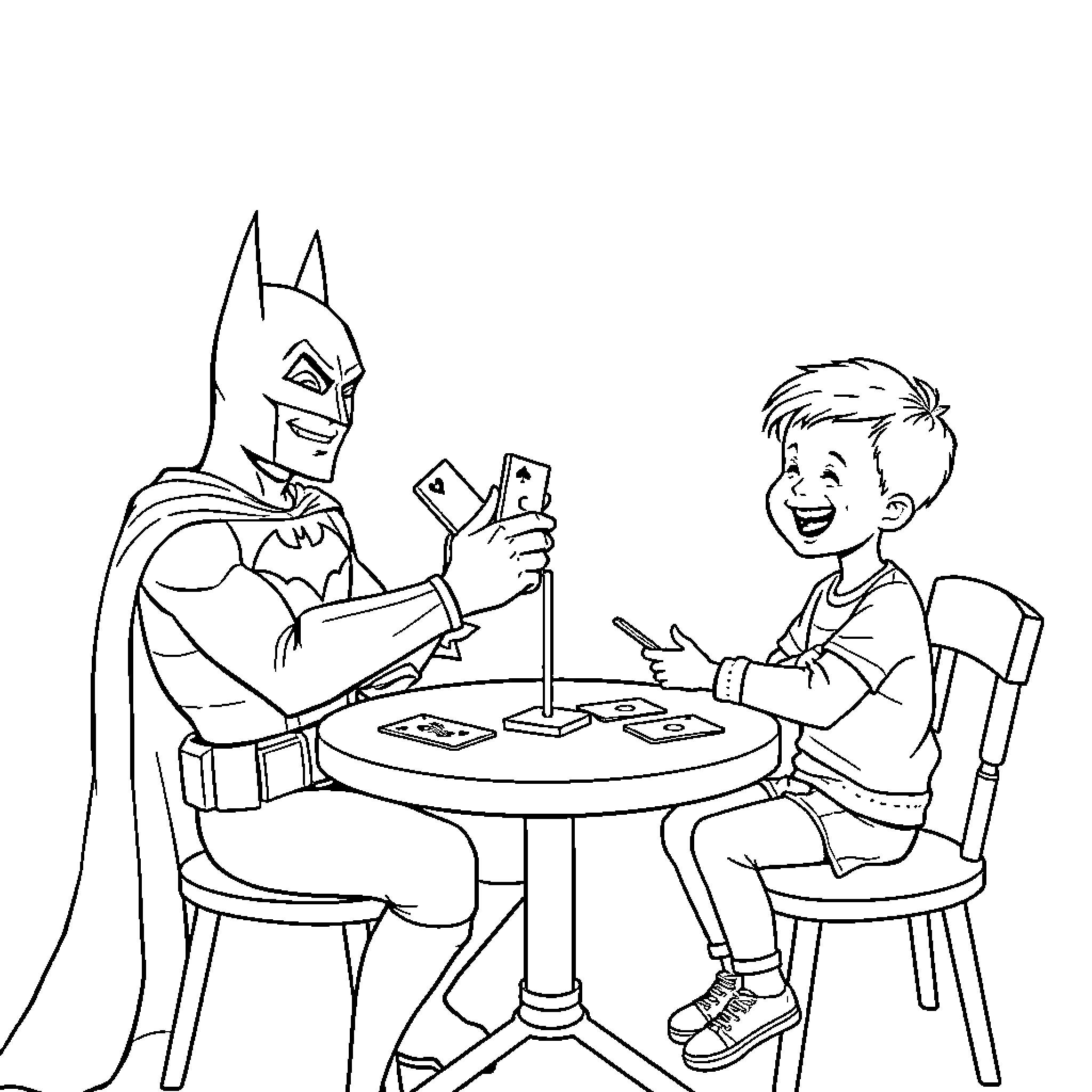 Batman plays cards with a joyful boy Coloring Page (free black-and-white line drawing printable PDF for all, from beginners to advanced learners, including children, teens, adults, and seniors)