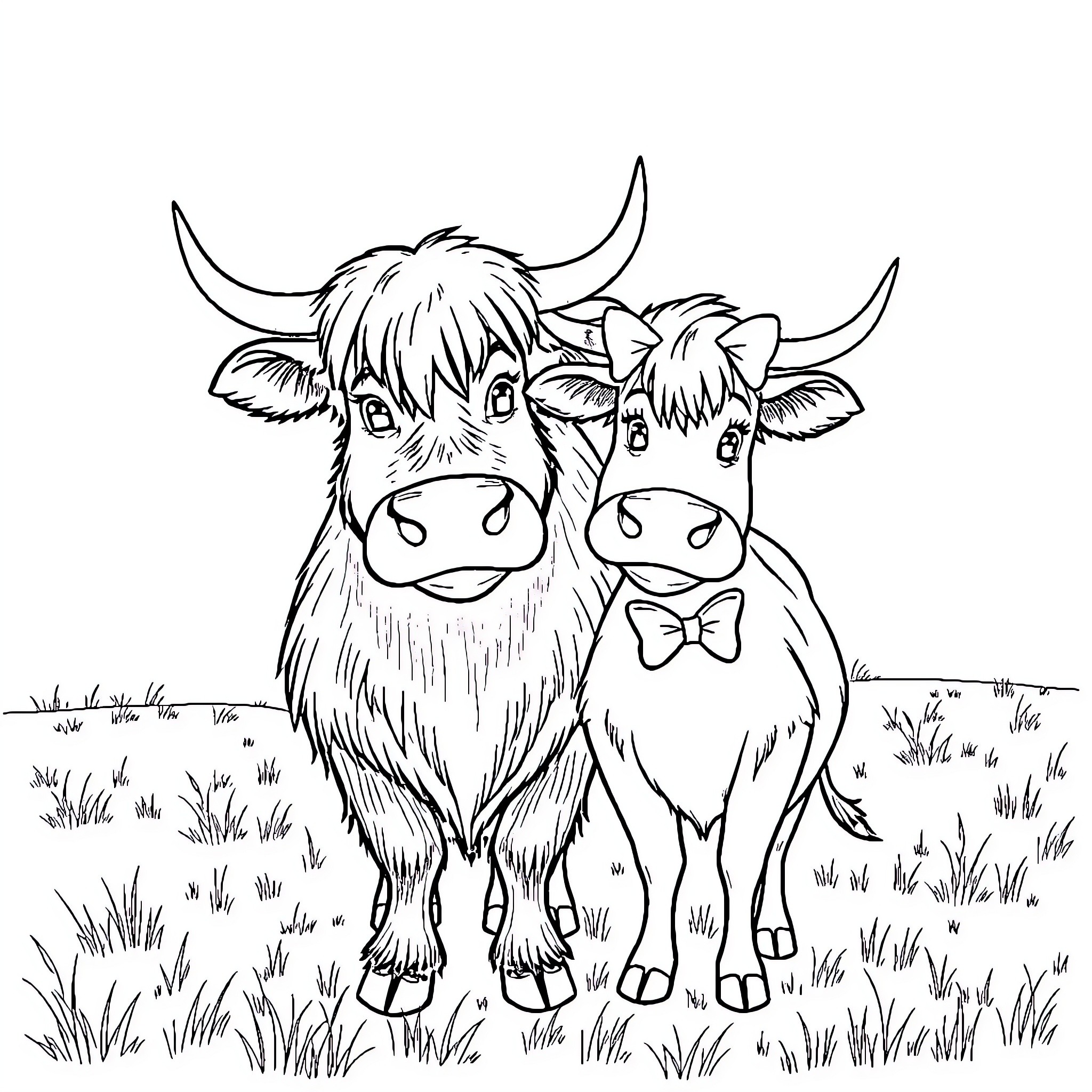 Scottish Highland Cattle posing together in a grassy field Coloring Page (free black-and-white line drawing printable PDF for all, from beginners to advanced learners, including children, teens, adults, and seniors)